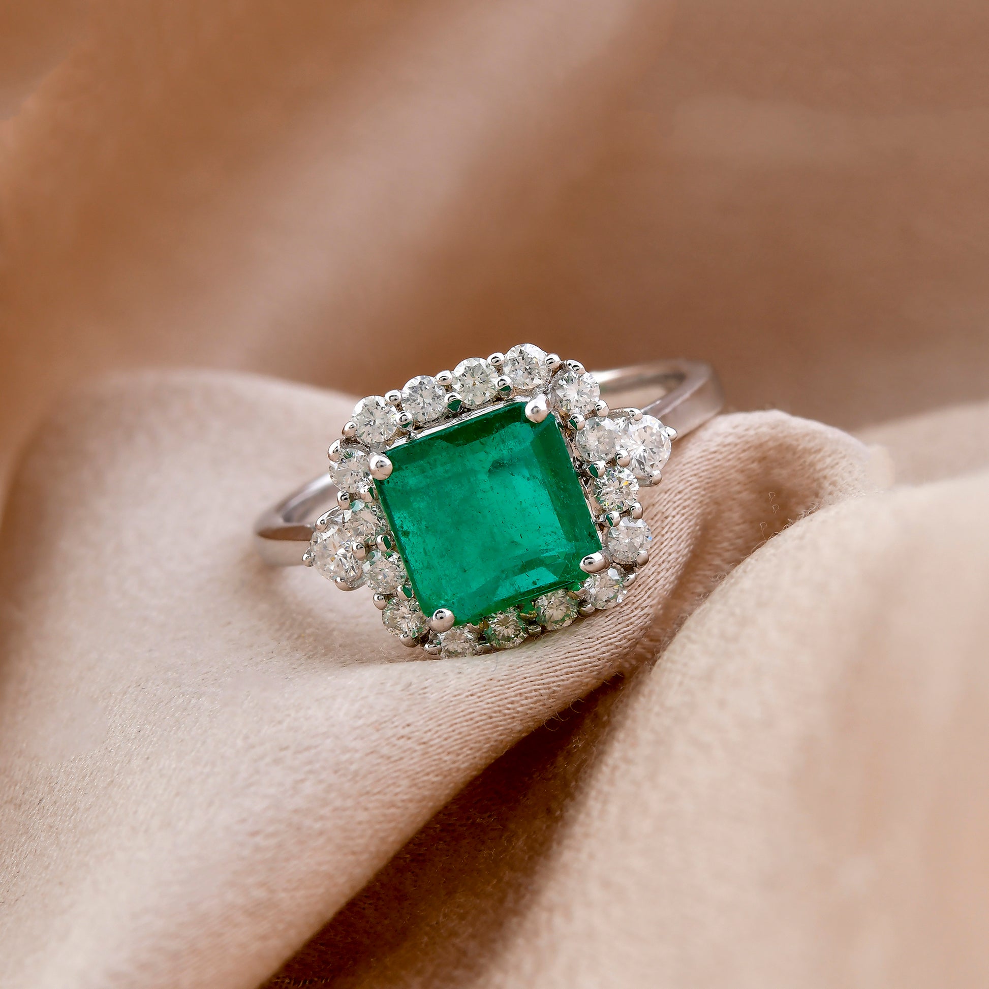 Certified 2.09Tcw Zambian Emerald Halo Diamond Engagement Gold Ring