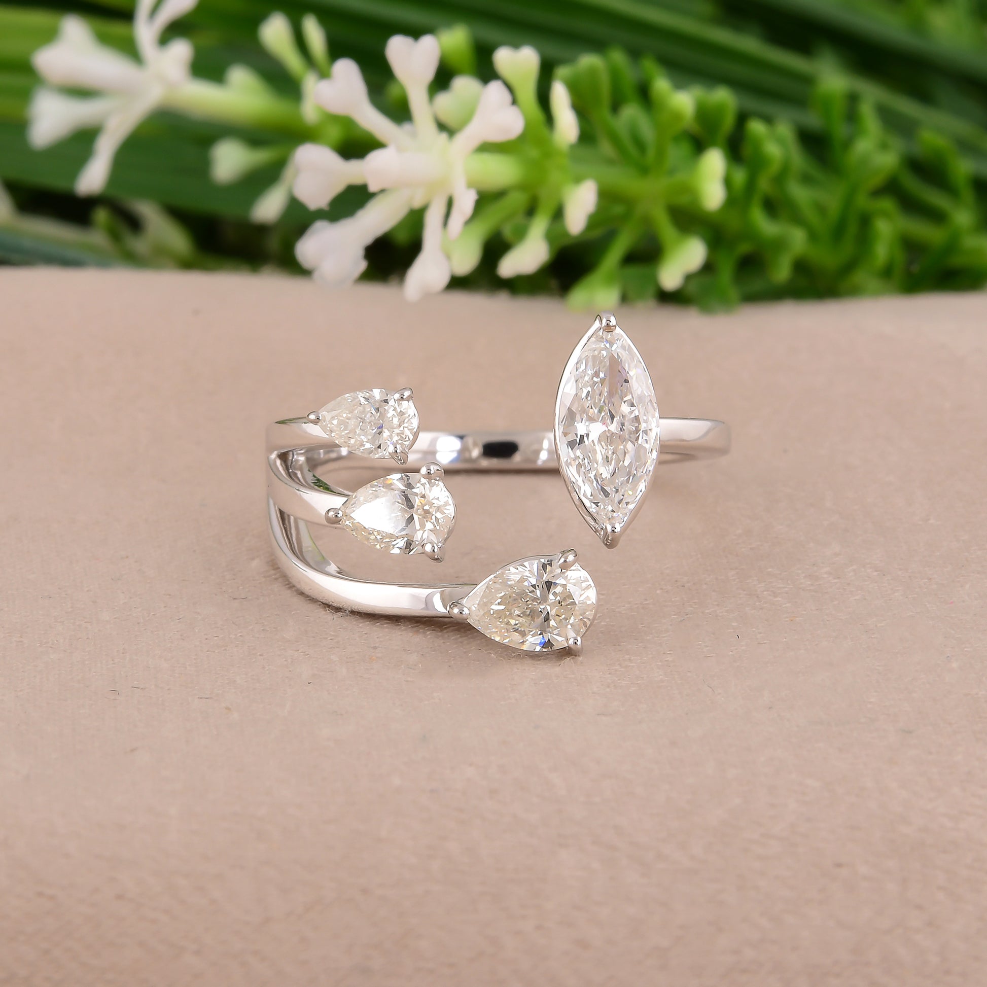 Natural H/SI 1.18Ct Pear Marquise Diamond Cuff Open Gold Ring