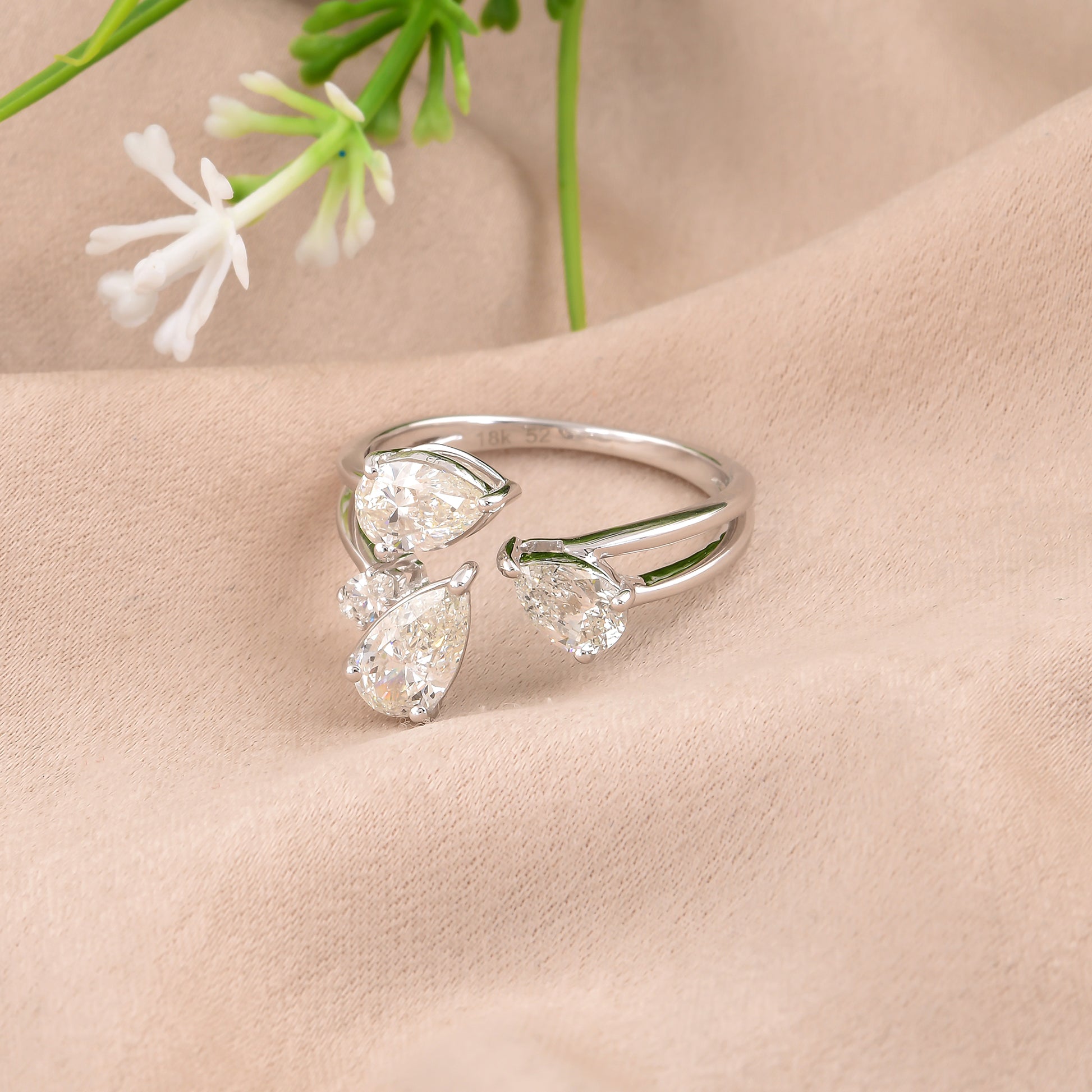 Delicate 1.46Ct Natural HI/SI Pear Cut Diamond Cuff Solid Gold Ring