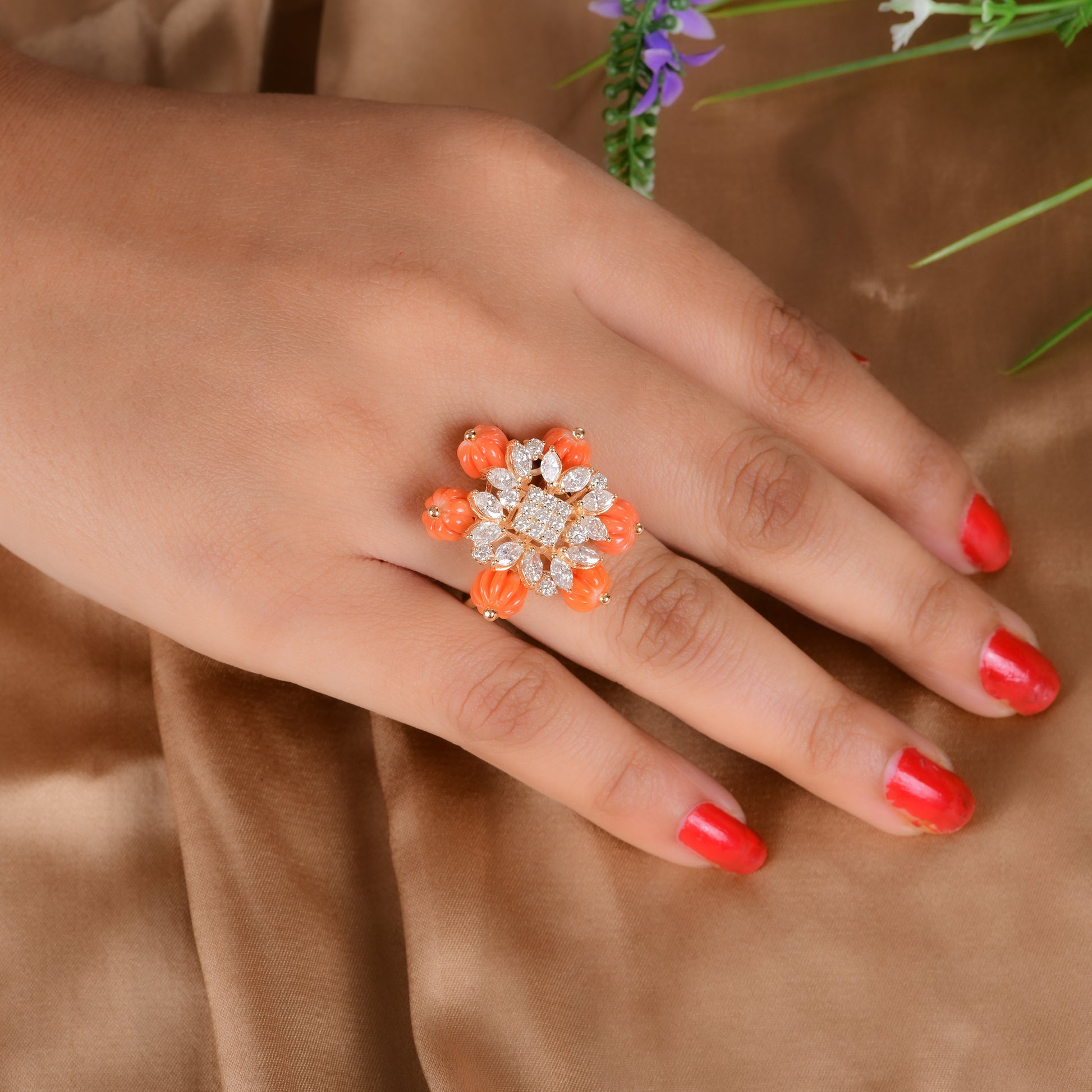 Cocktail Floral Ring With Natural Diamond & Coral Beads in Fine Gold