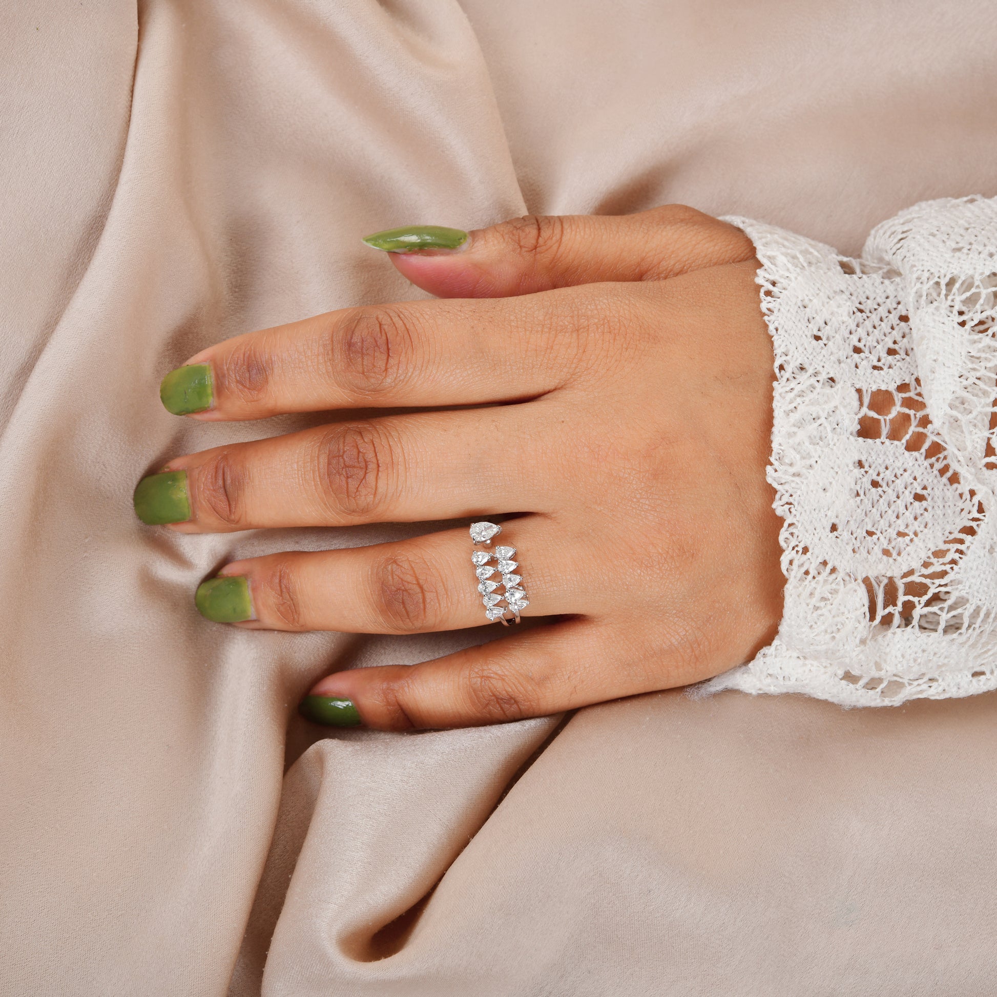 Pear Cut Natural Diamond Double Band Open Cuff Gold Ring