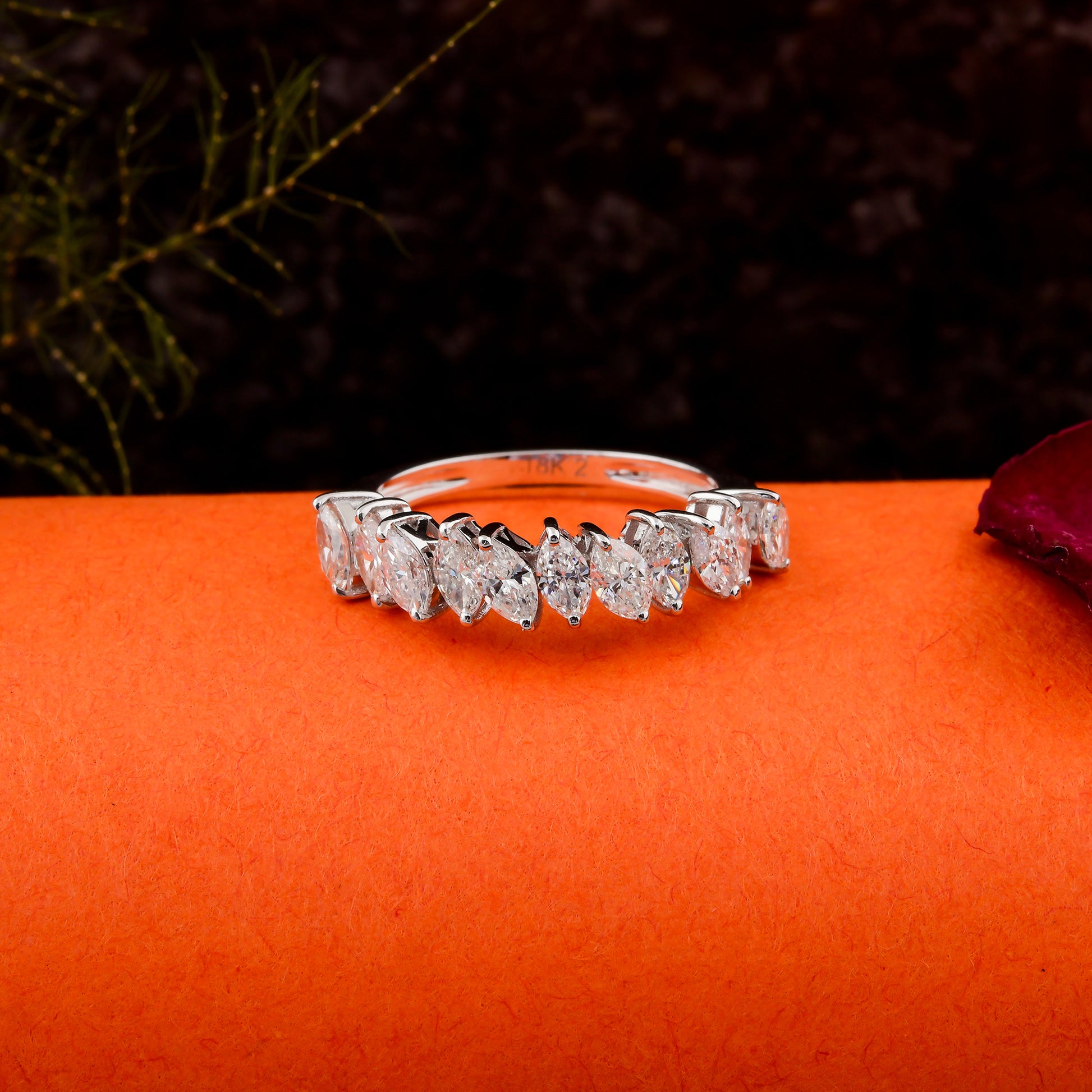 Handmade Marquise Cut 1.37Ct Natural Diamond Half Eternity Stacking Gold Ring