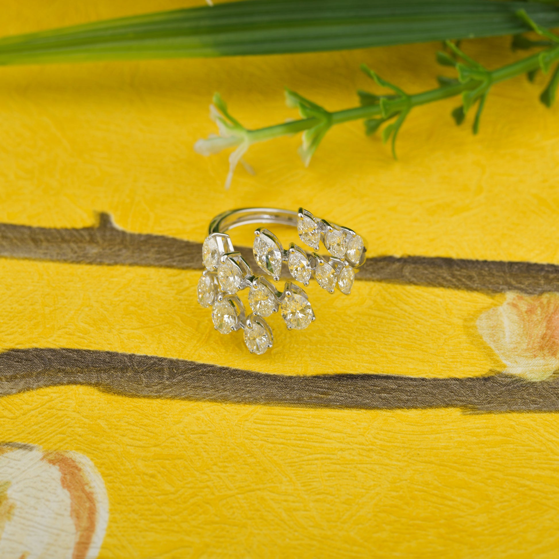 Handcrafted Natural Pear Cut Diamond Cluster Cuff Fine Gold Ring