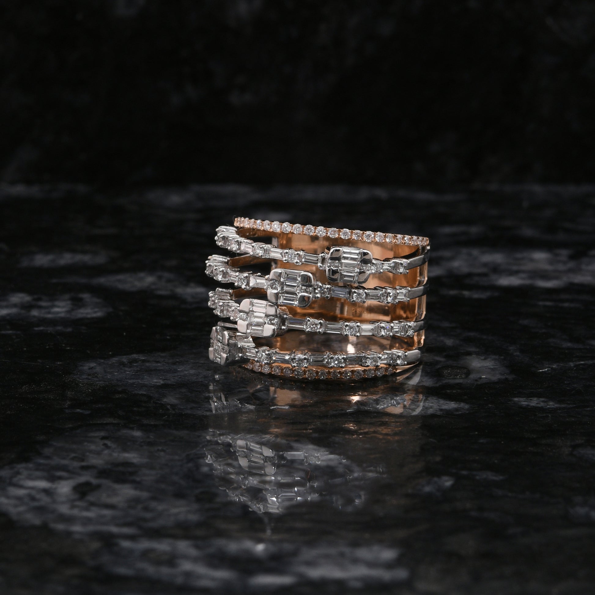Dual Tone 1.25Ct SI/H Baguette & Round Natural Diamond Gold Ring