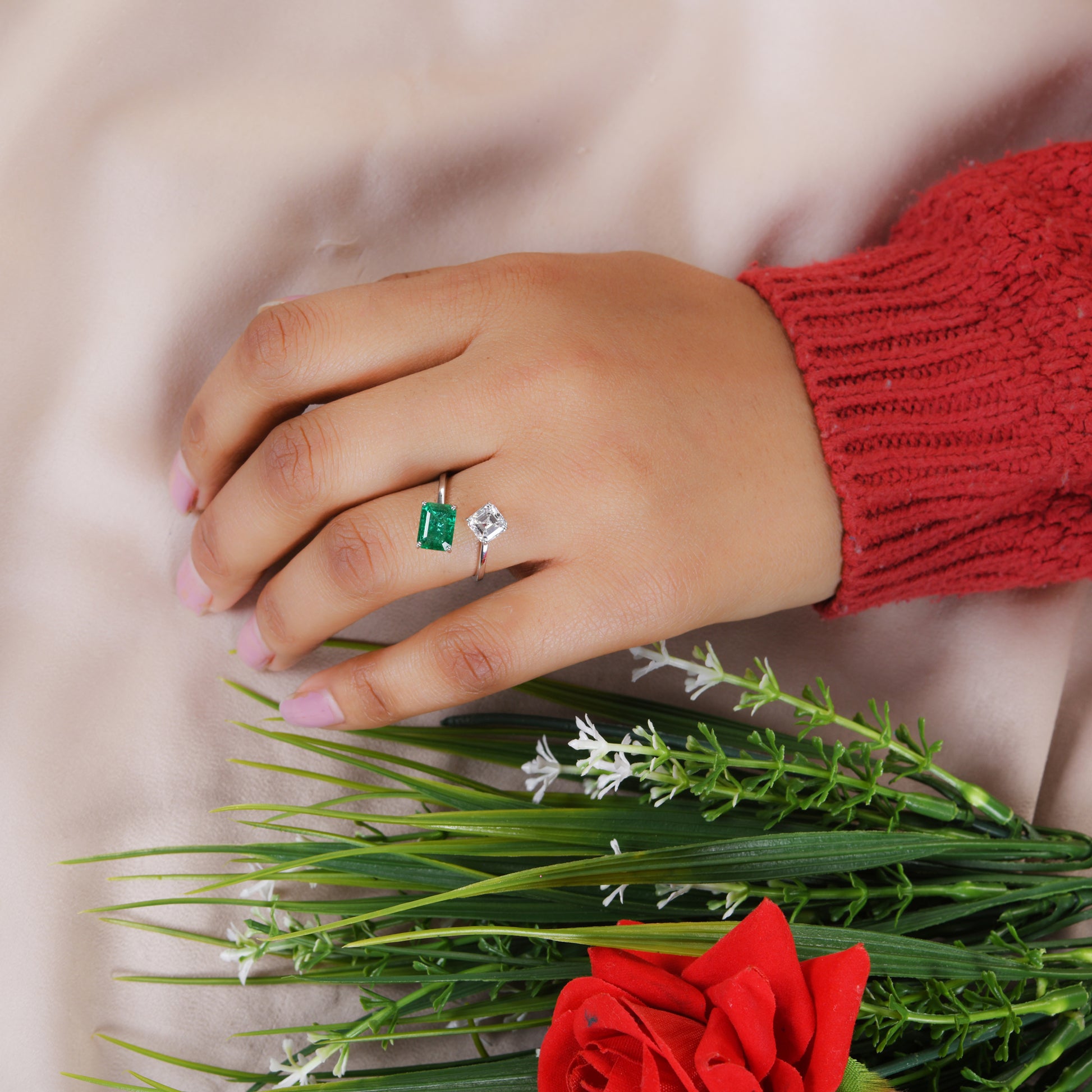 2.56Ct Natural SI/HI Diamond & Zambian Emerald Bypass Wrap Gold Ring