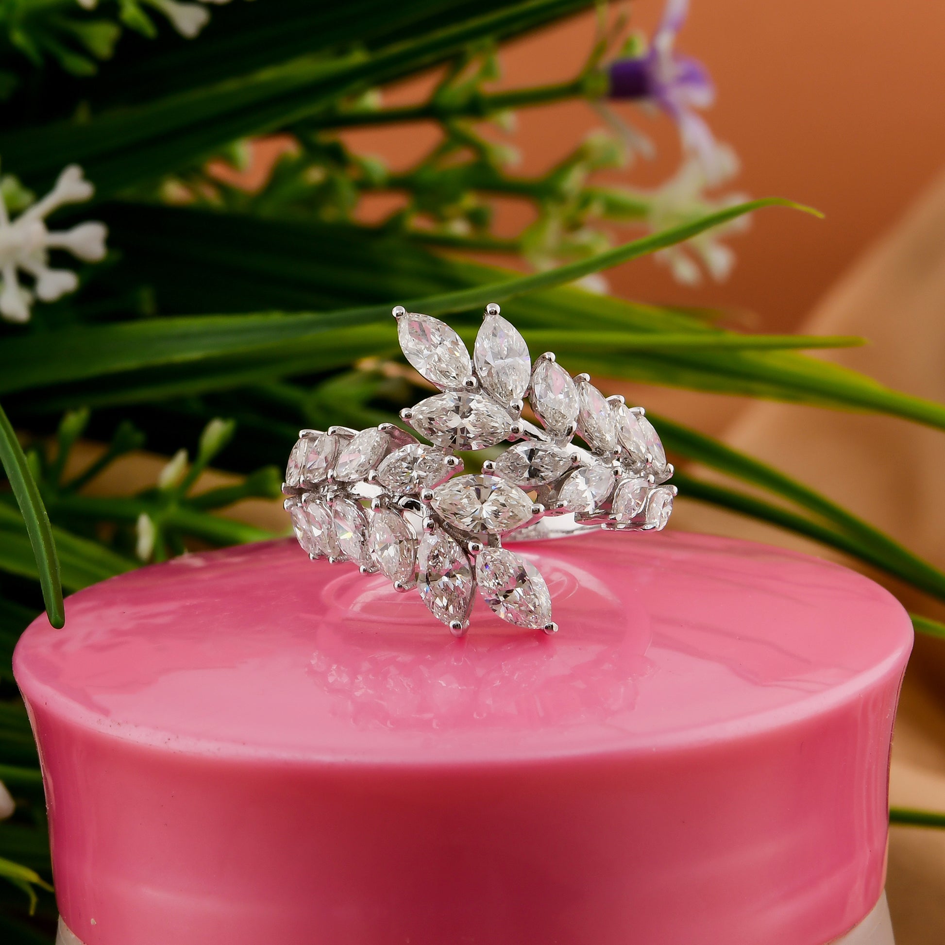 2.61 Ct Natural SI/H Marquise Cut Diamond Leaf Design Cluster Ring