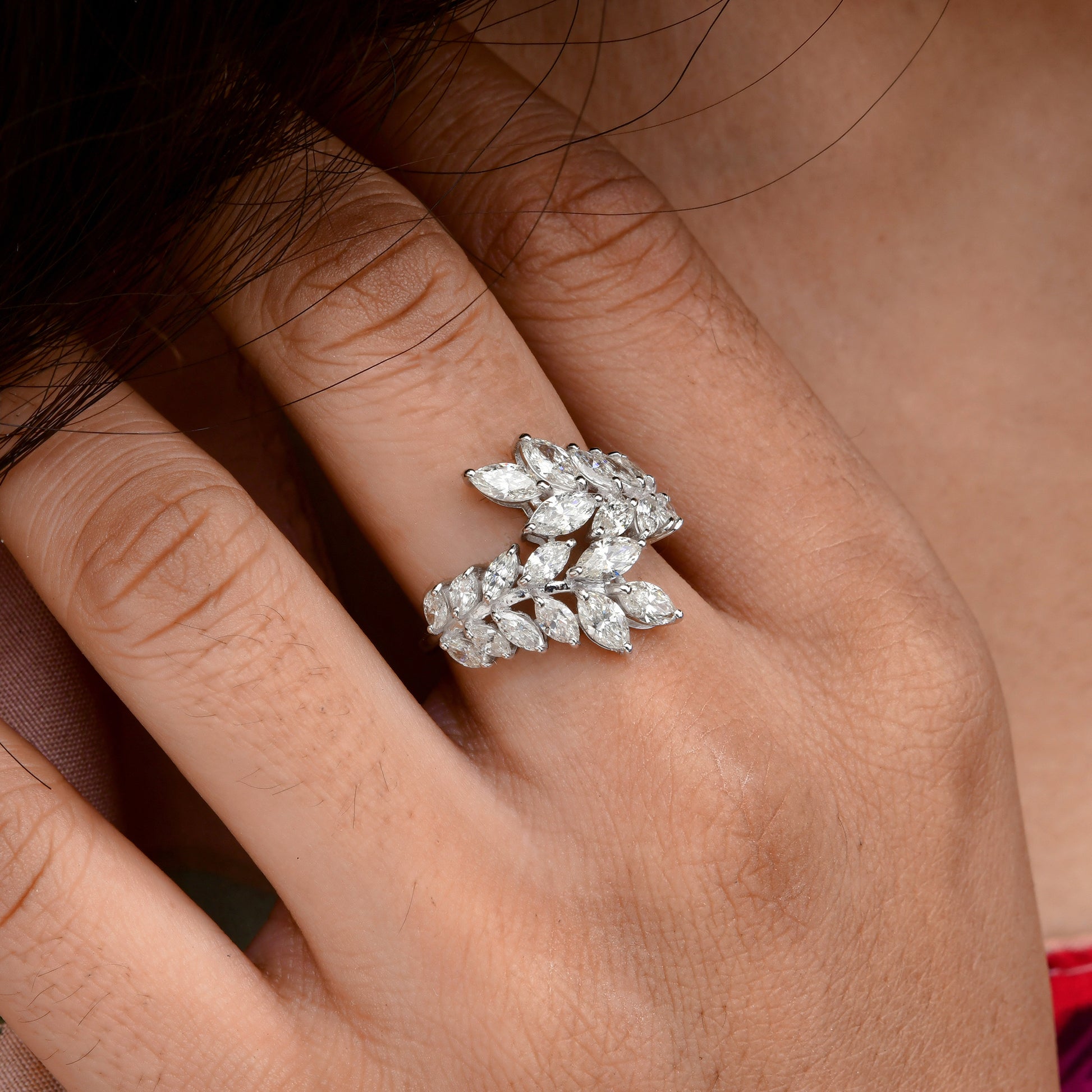 2.61 Ct Natural SI/H Marquise Cut Diamond Leaf Design Cluster Ring