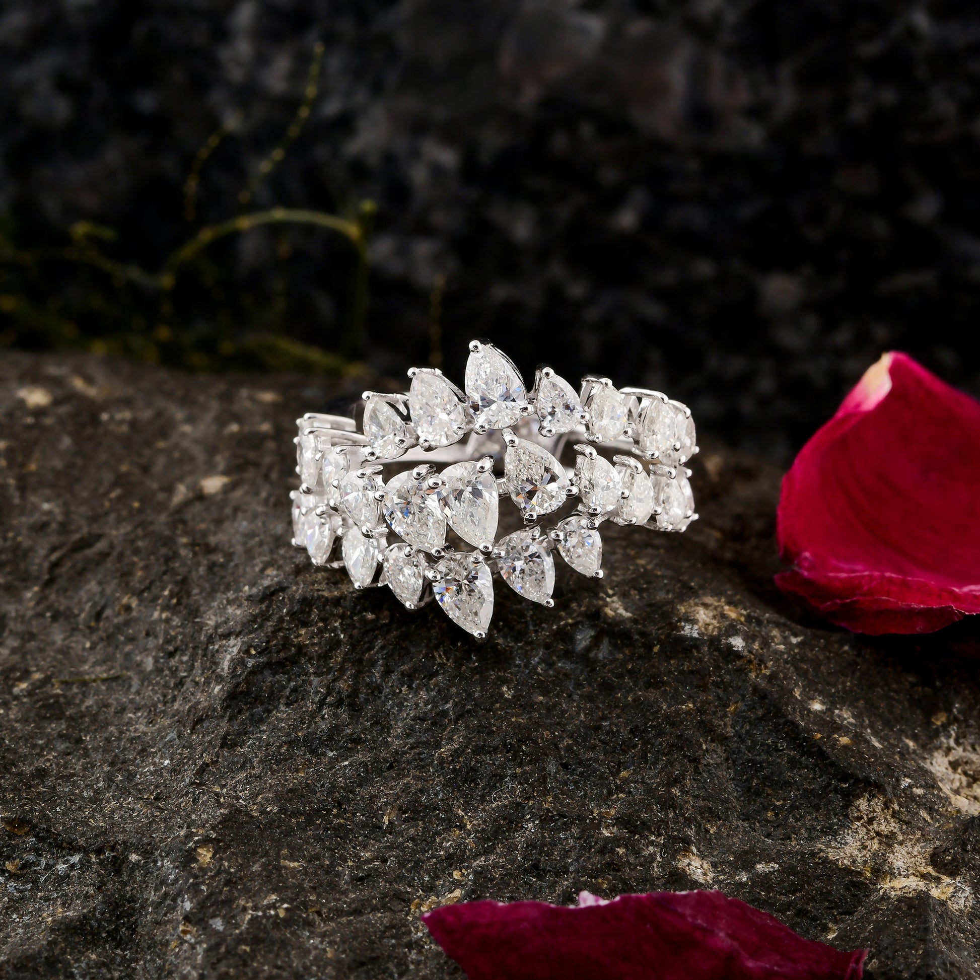 2.18 Ct SI/HI Pear Cut Natural Diamond Cluster Stacking Gold Ring for Her