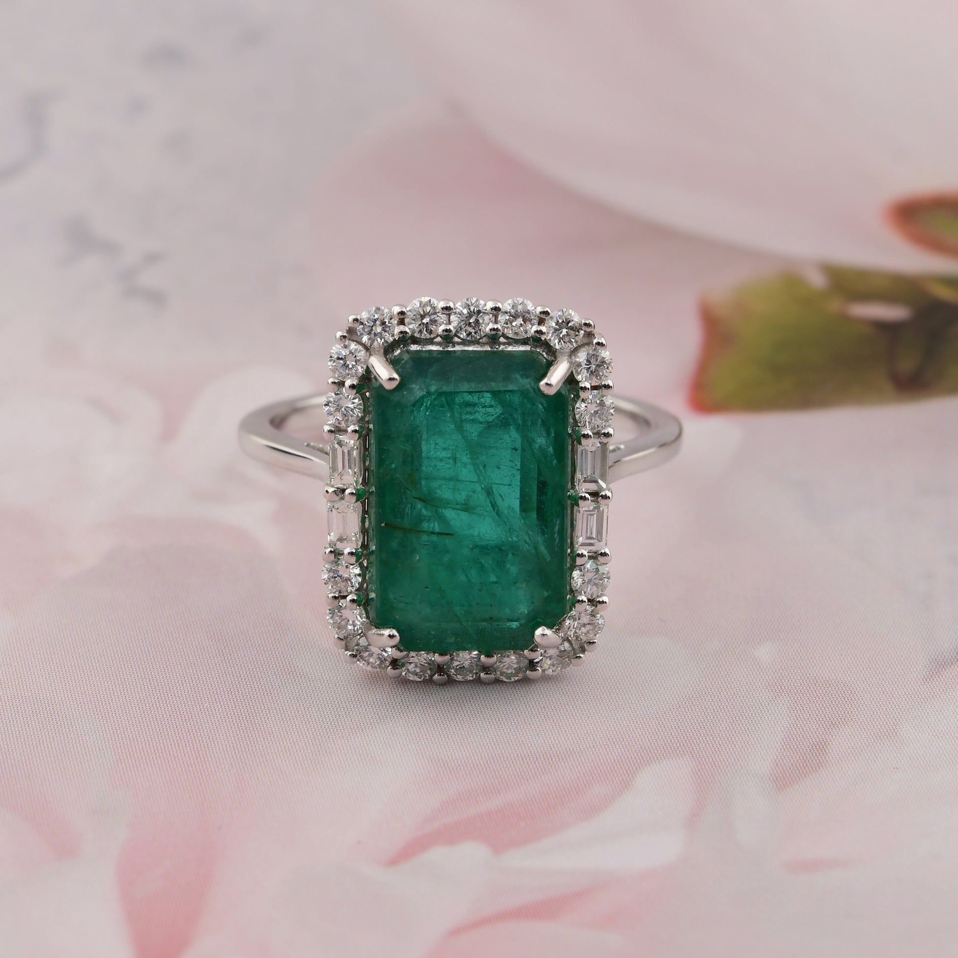 5.85 Tcw Octagon Cut Zambian Emerald Gemstone Diamond Halo Wedding Ring