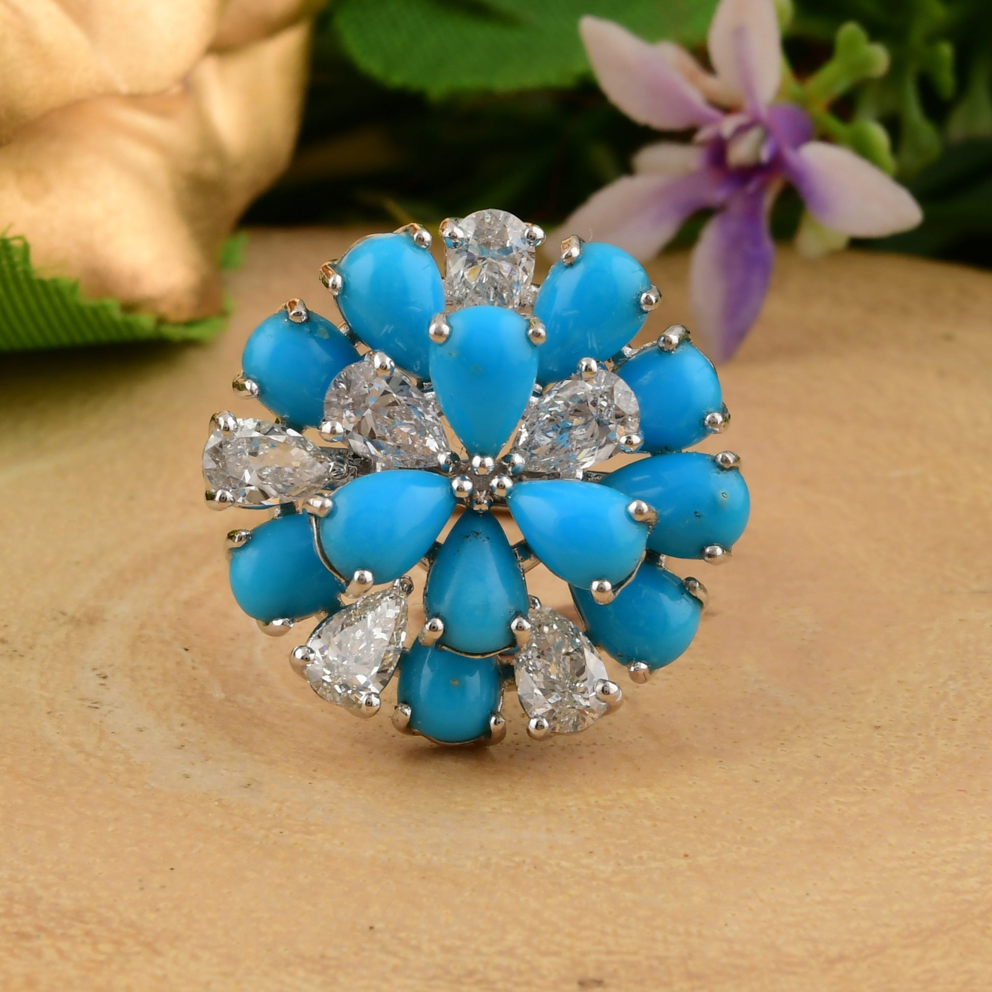 4.9Tcw Floral Cluster Pear Cut Arizona Turquoise Diamond Cocktail Ring In Fine Gold