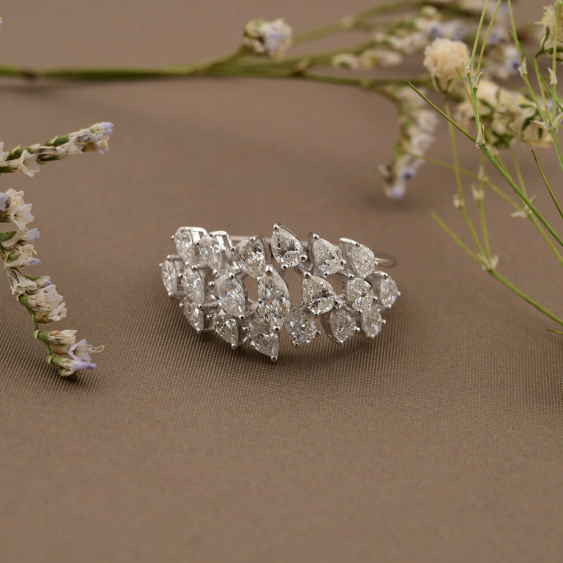 1.75 Carat Marquise & Pear Cut Diamond Statement Solid Gold Cluster Ring