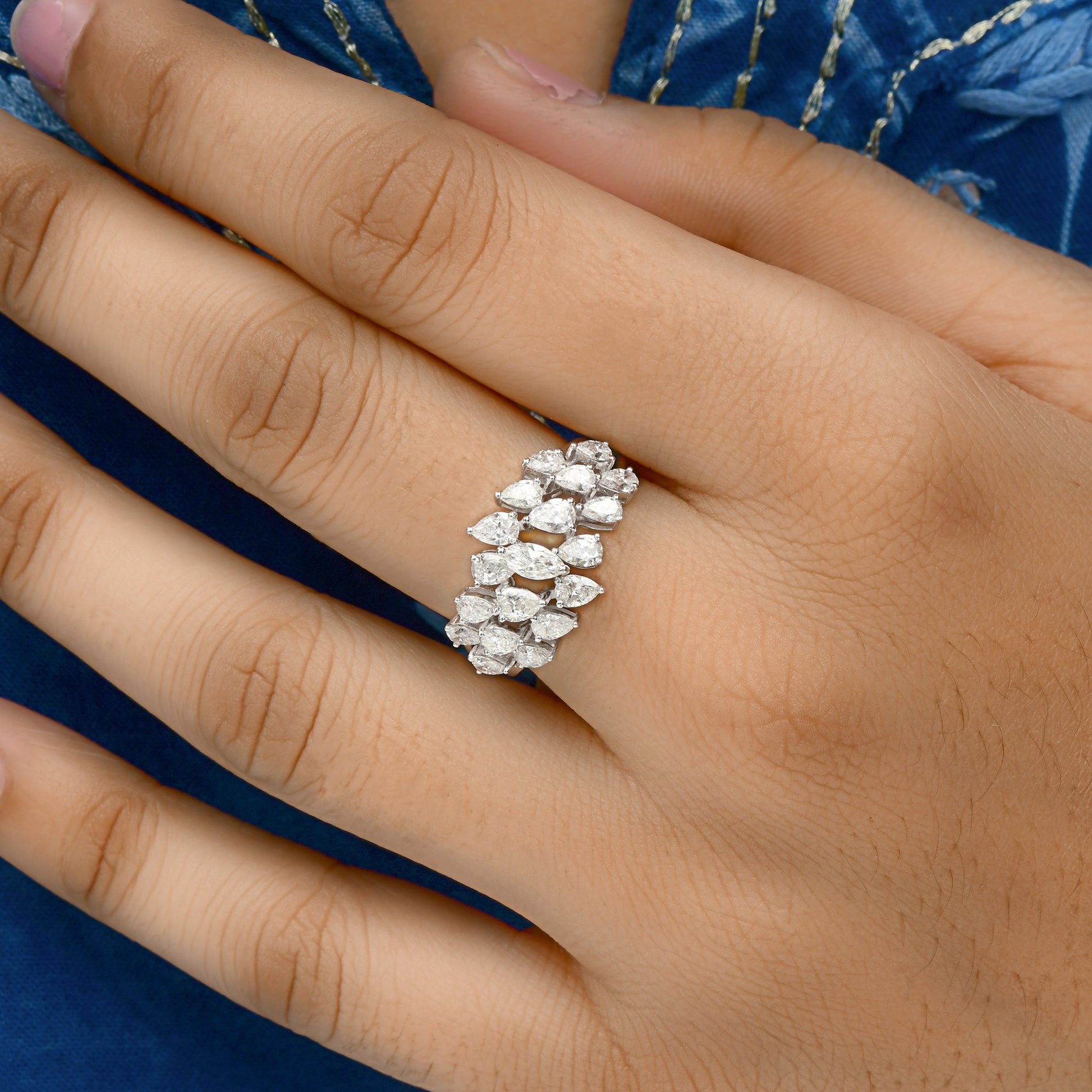 1.75 Carat Marquise & Pear Cut Diamond Statement Solid Gold Cluster Ring