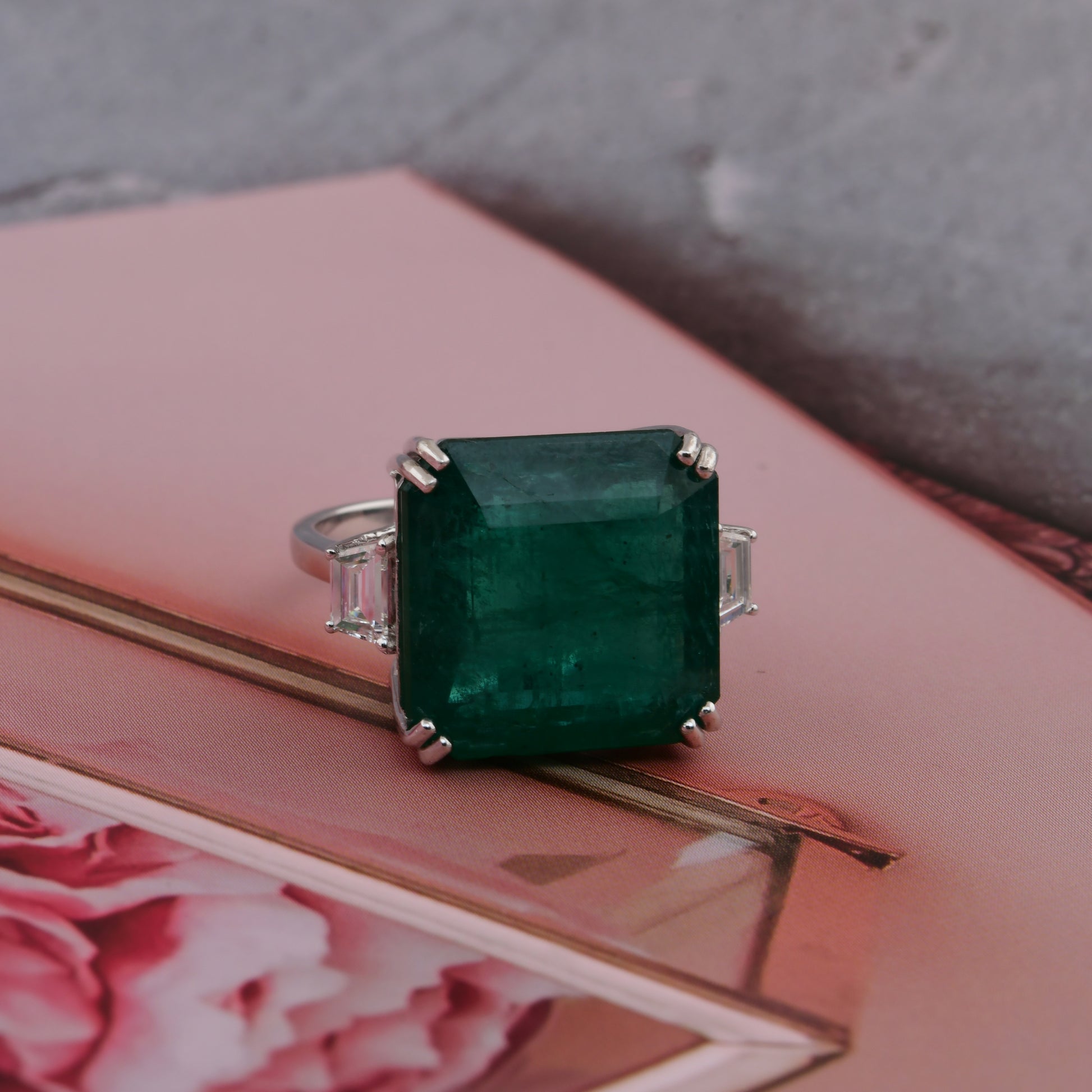 Exquisite 15.57 Tcw Natural Zambian Emerald Baguette Diamond Gold Ring