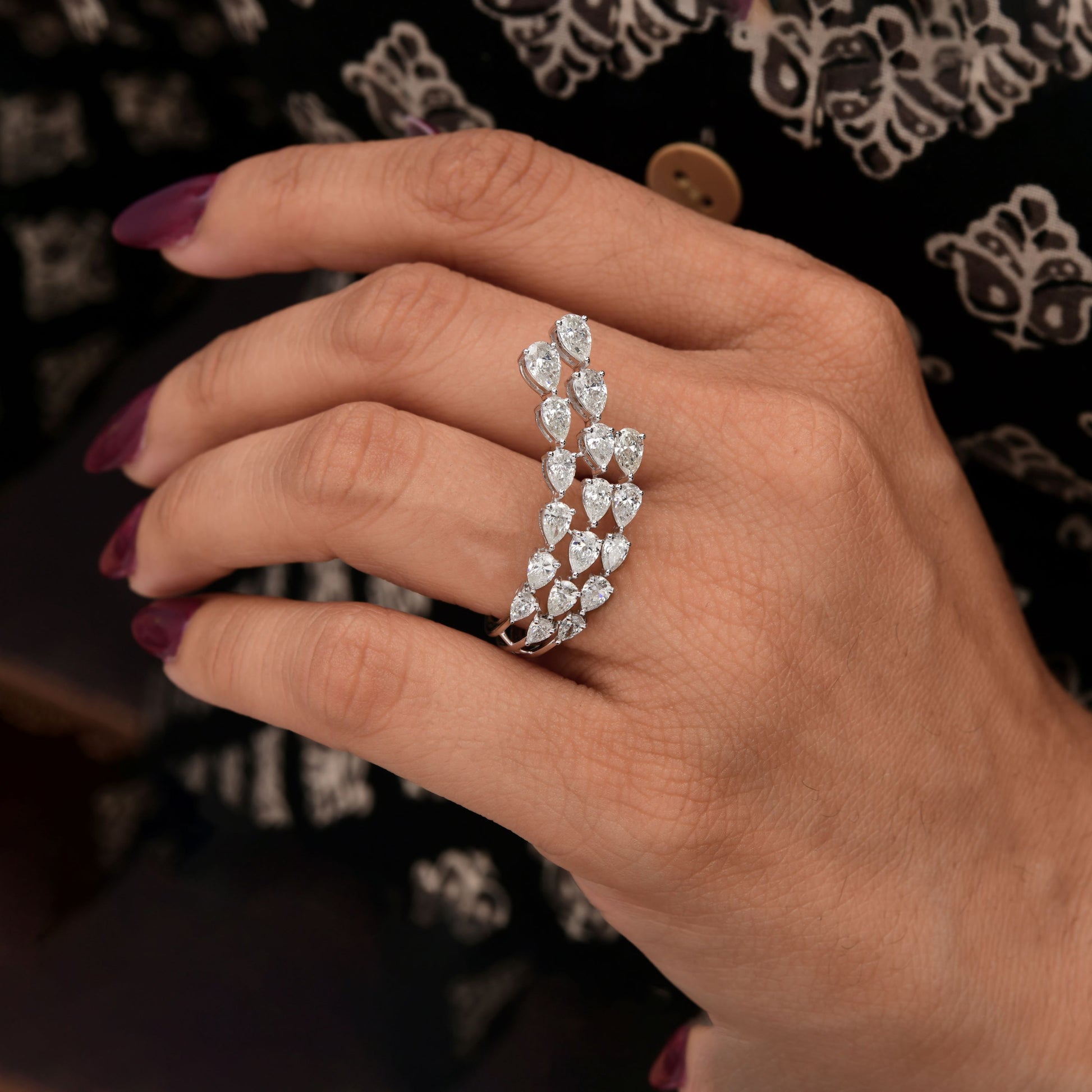 Unique 2.78Ct. Pear Cut Diamond Open Triple Band Stackable Ring In Fine Gold