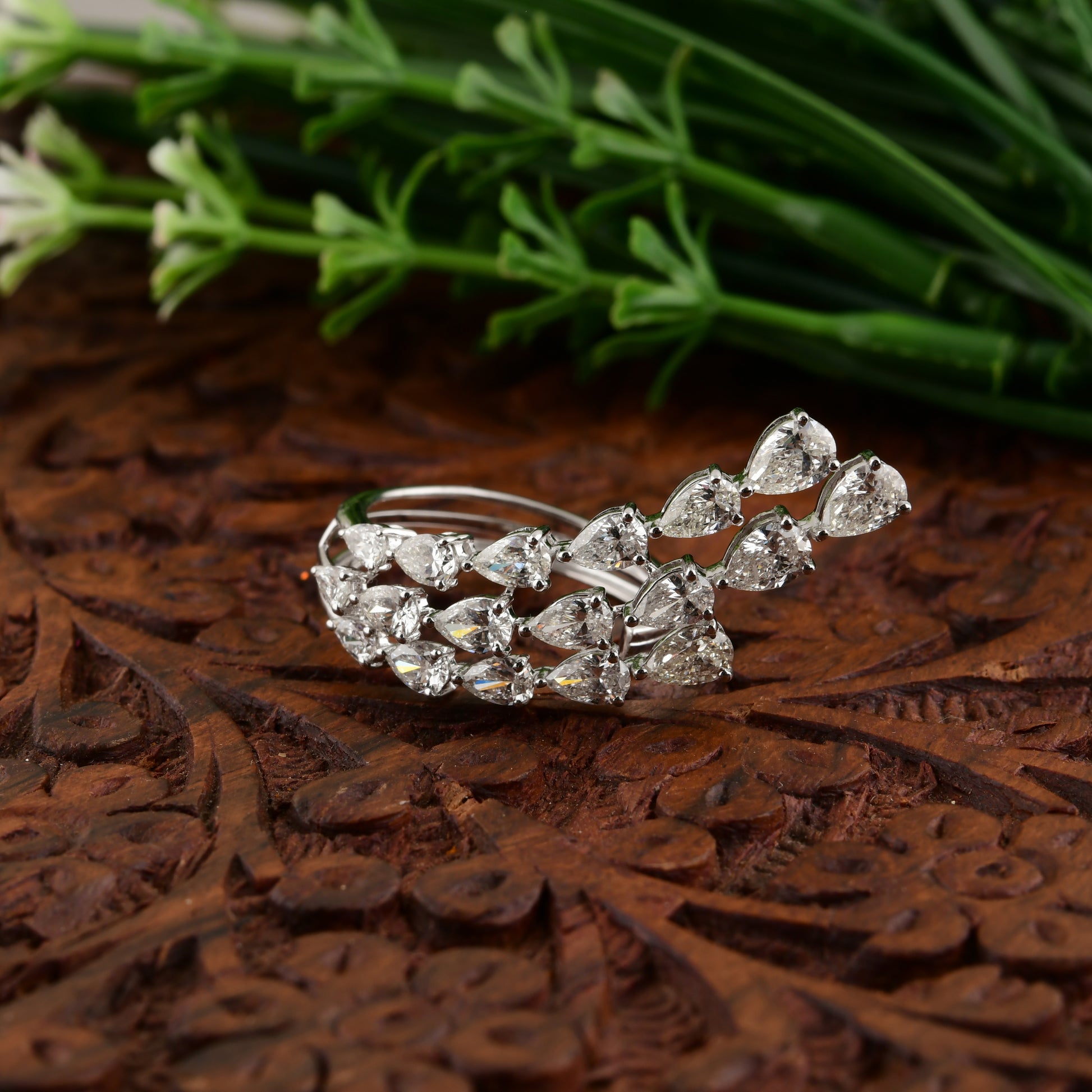 Unique 2.78Ct. Pear Cut Diamond Open Triple Band Stackable Ring In Fine Gold