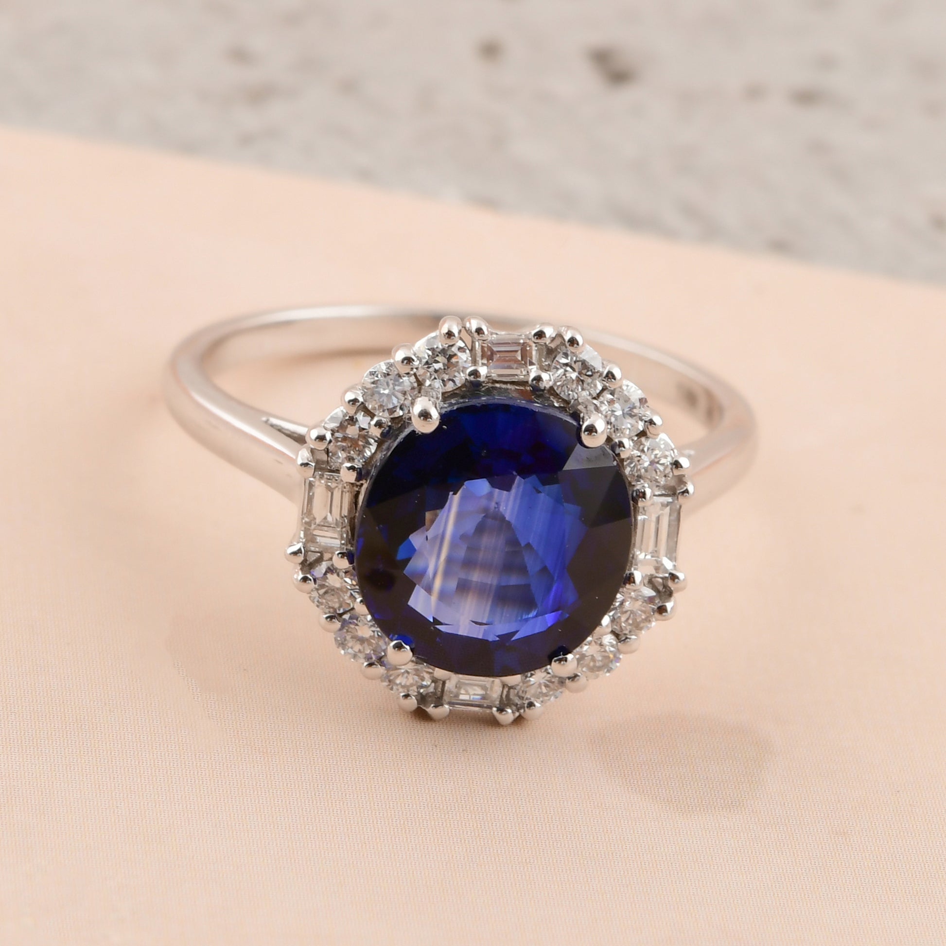 3.58Ct Round Brilliant Cut Blue Sapphire Halo Diamond Cocktail Anniversary Ring