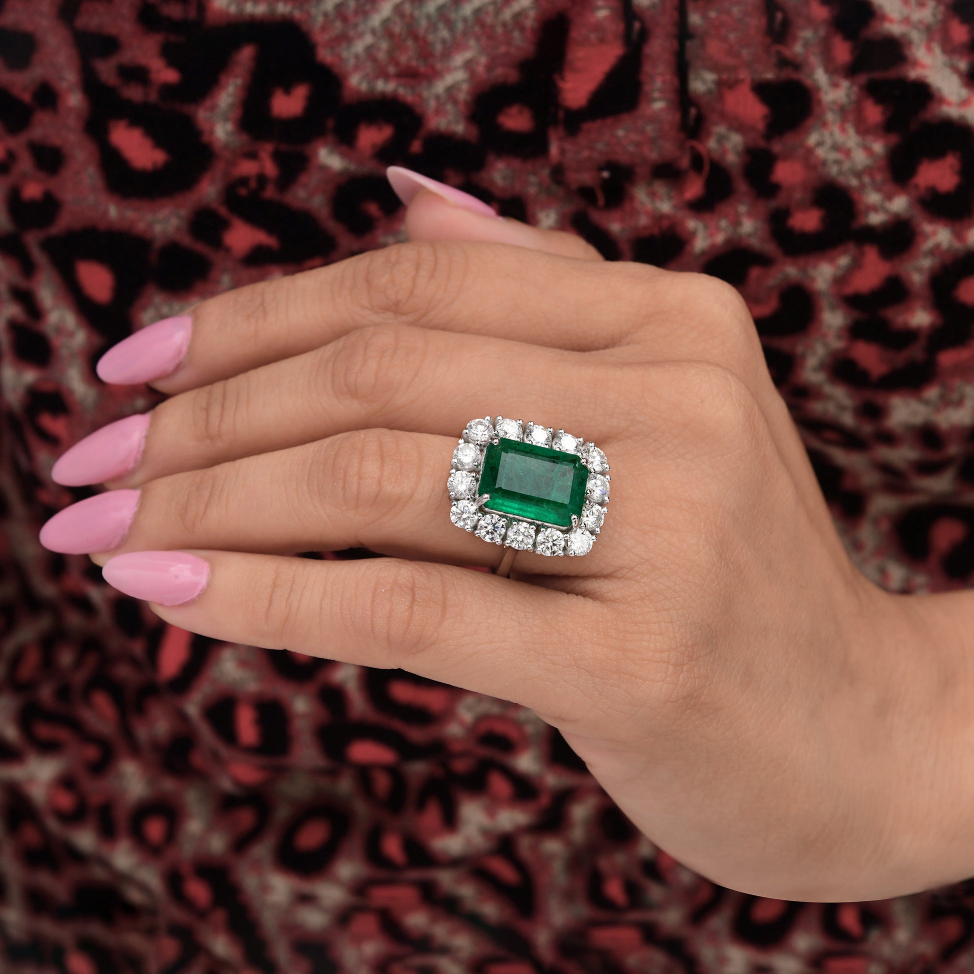 Timeless 9.6Ct Zambian Emerald Round Brilliant Cut Halo Diamond Cocktail Ring
