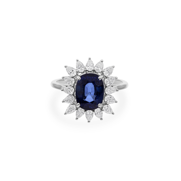 Certified Royal Blue Sapphire Cocktail Ring with Diamond Halo