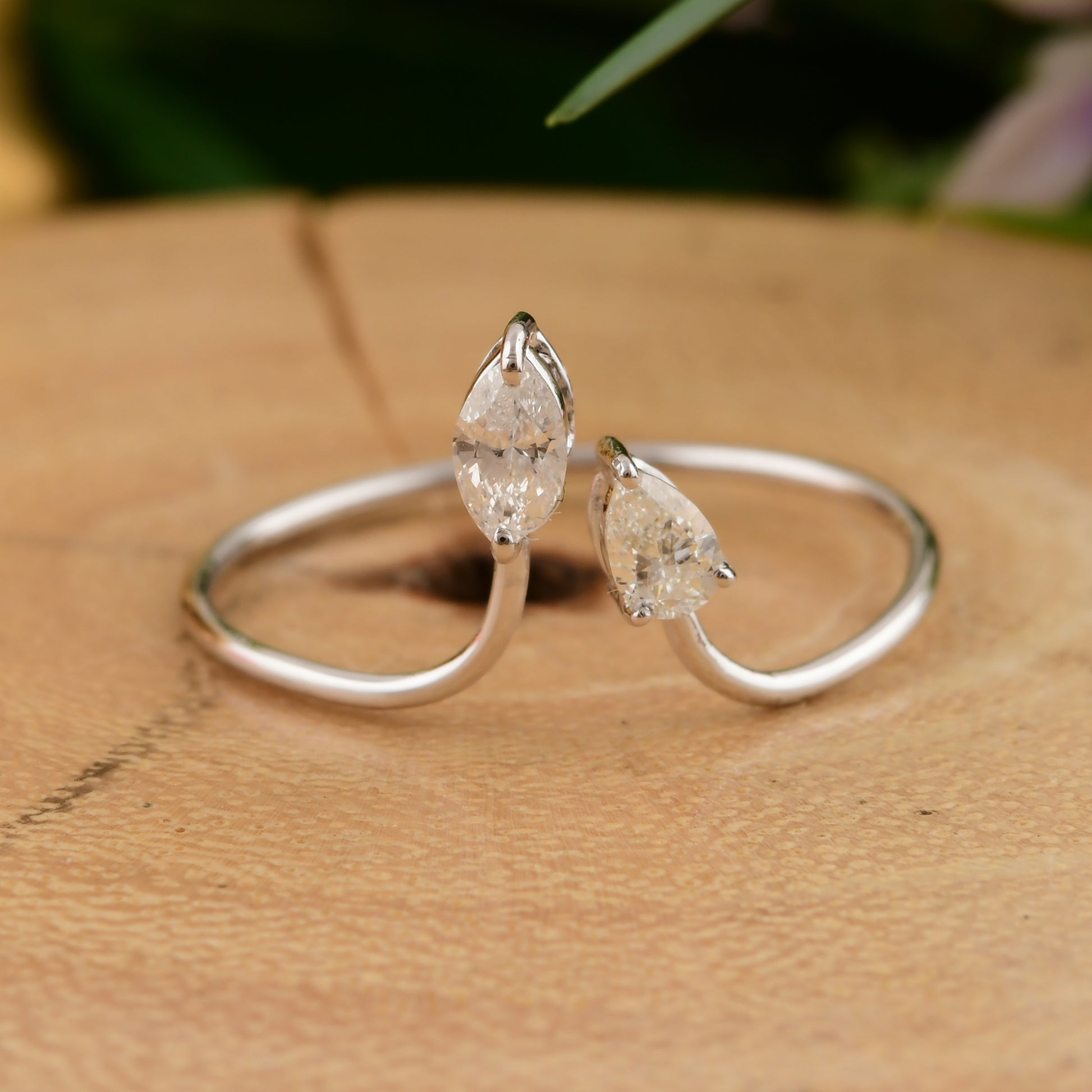 Two Stone Diamond Bypass Gold Open Ring Everyday Ring