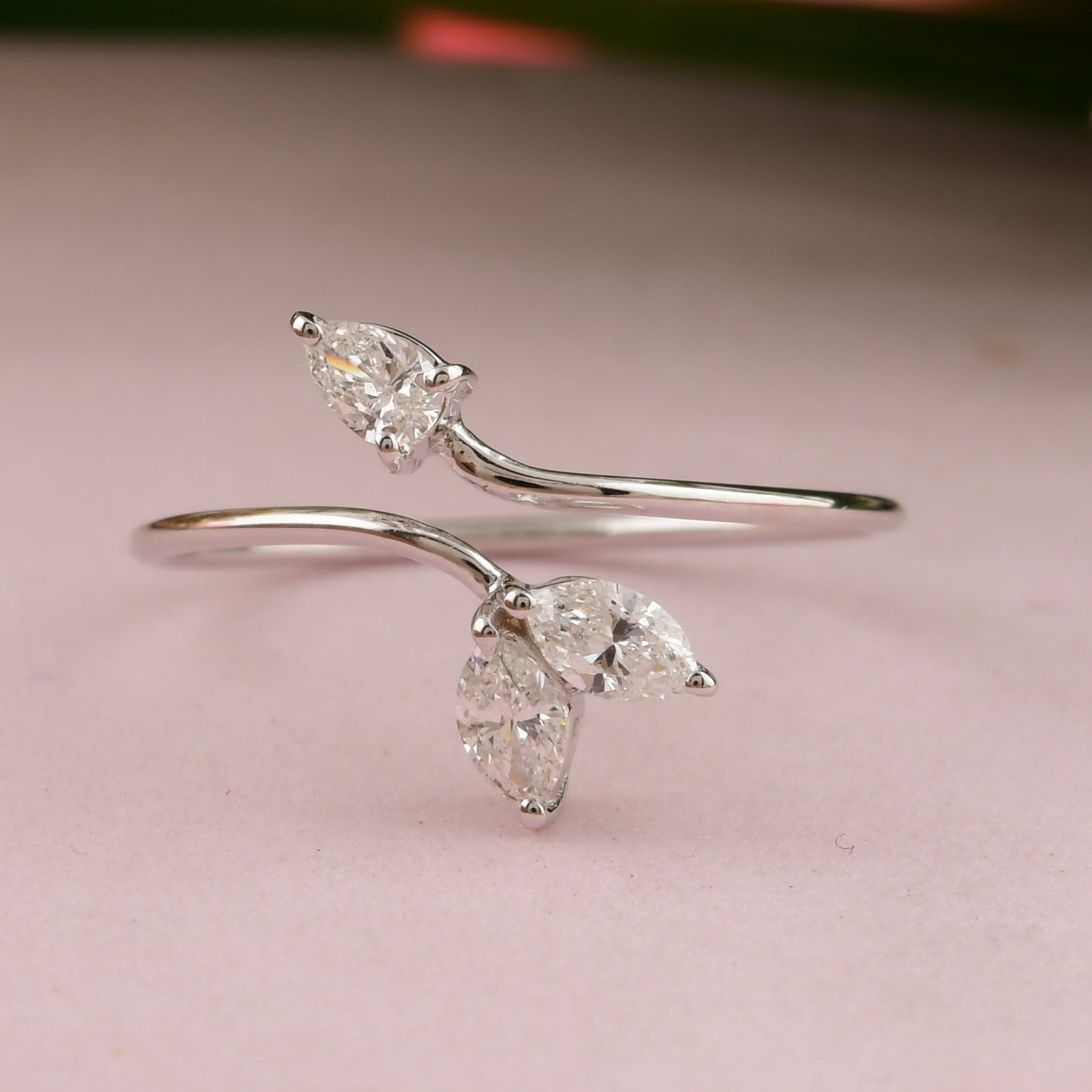 Delicate 0.31Ct. Marquise Pear Cut Diamond Leaf Bypass Open Gold Ring