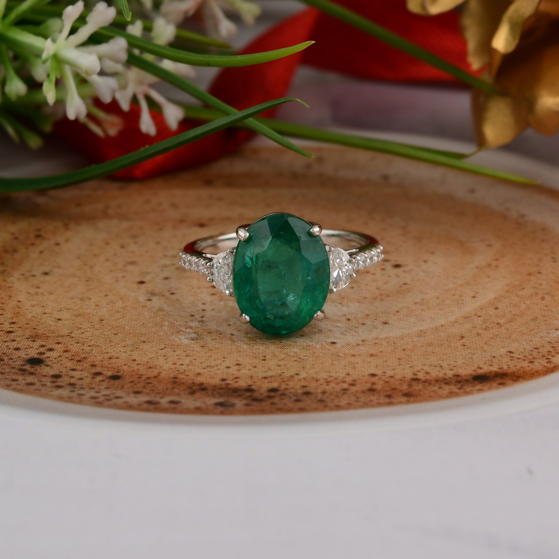 Genuine 4.81 TCW Oval Cut Zambian Emerald Diamond Cocktail Gold Ring For Wife