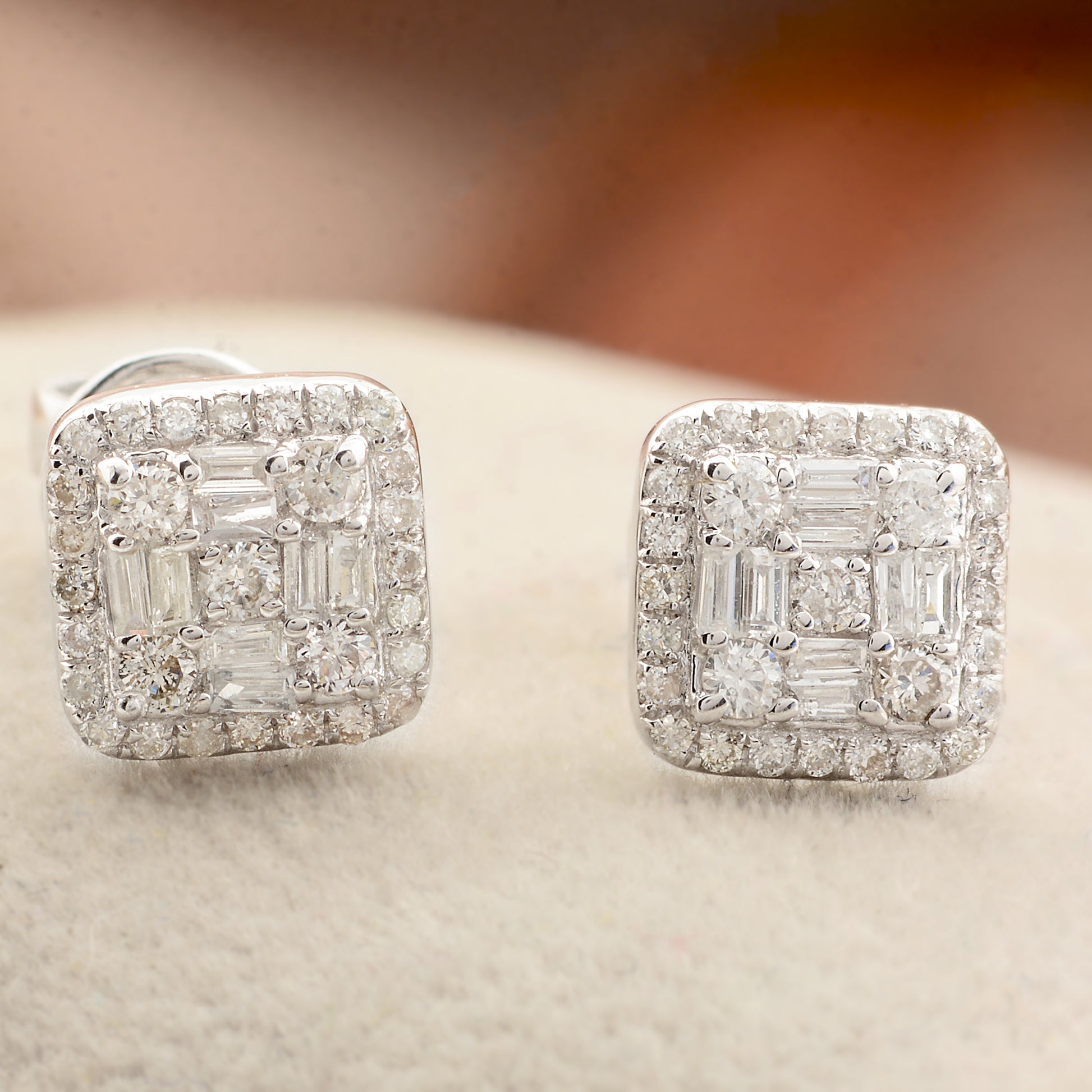 0.37 Ct. Natural Baguette & Round Diamond Cluster Gold Stud Earrings