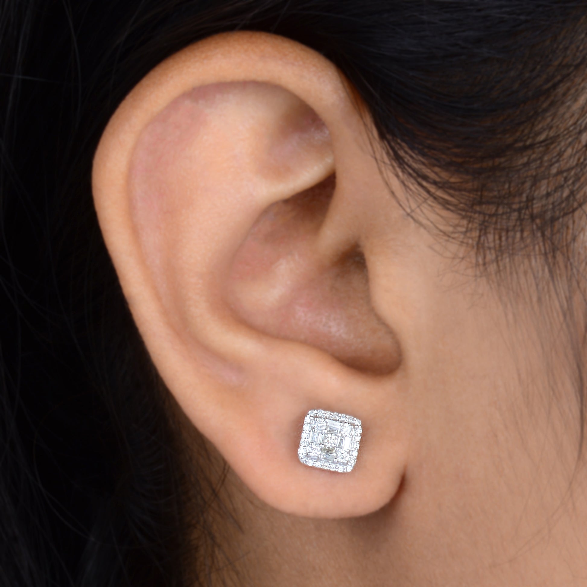 0.37 Ct. Natural Baguette & Round Diamond Cluster Gold Stud Earrings