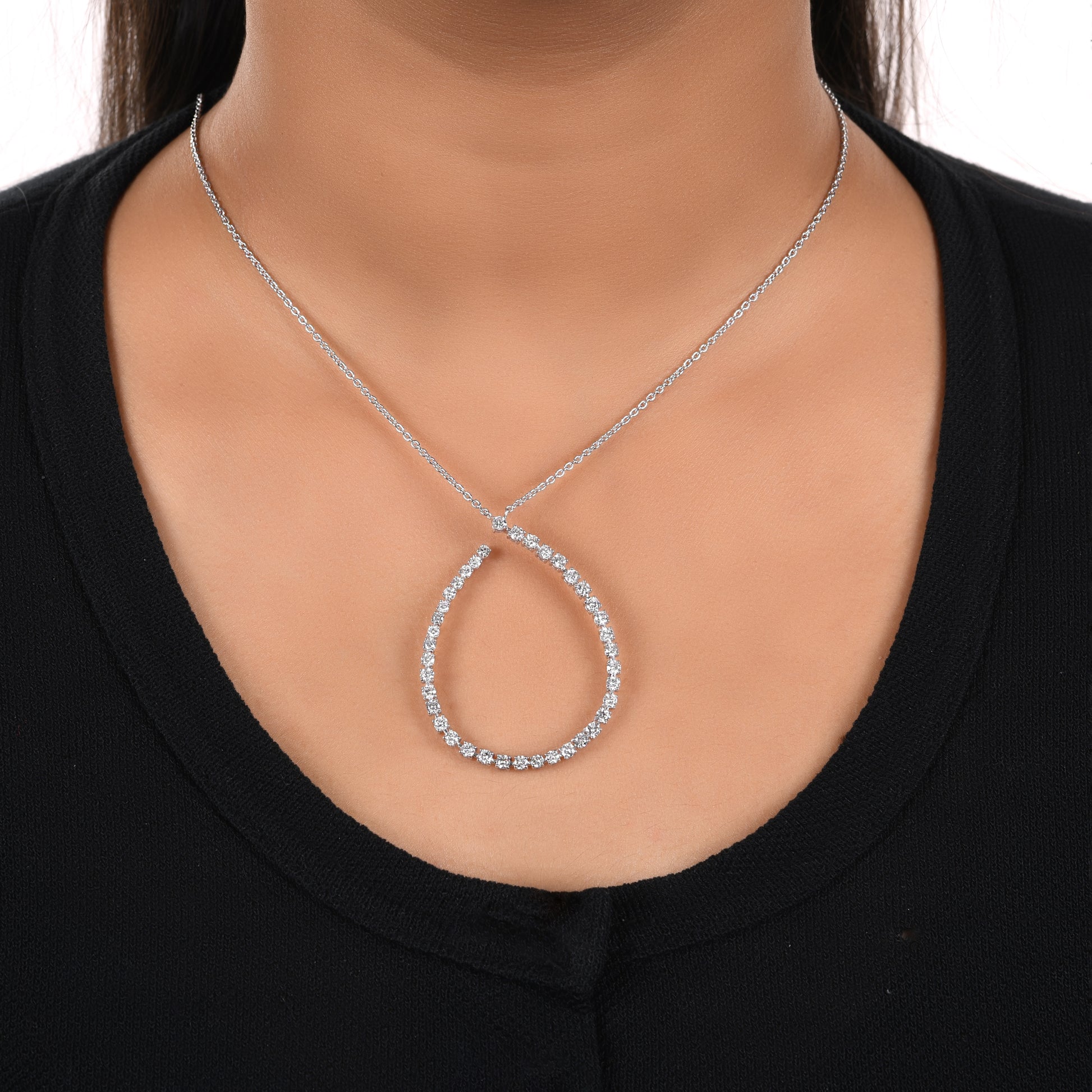 Teardrop 1.9Ct Round Brilliant Cut Diamond Open Pendant Chain Necklace In Gold
