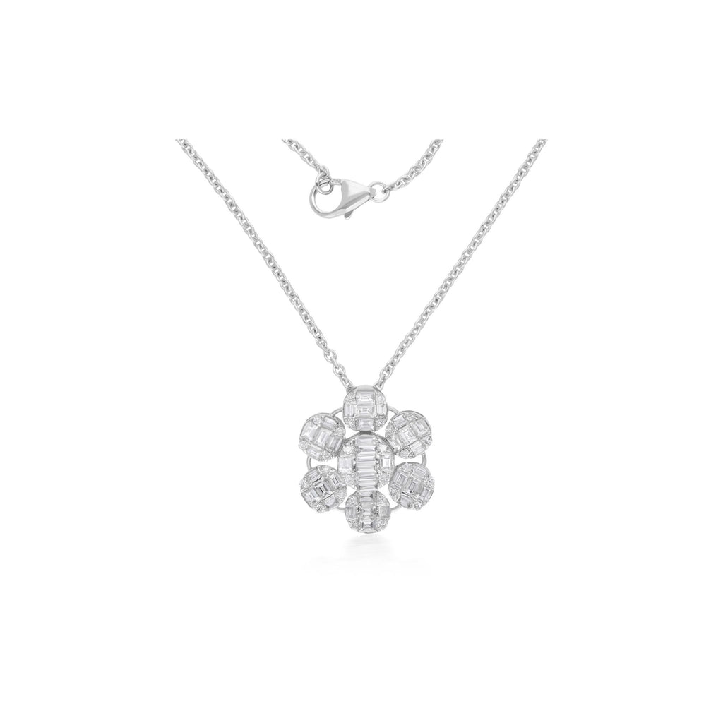 Baguette Diamond 1.10 Ct SI/H Flower Pendant Chain Necklace