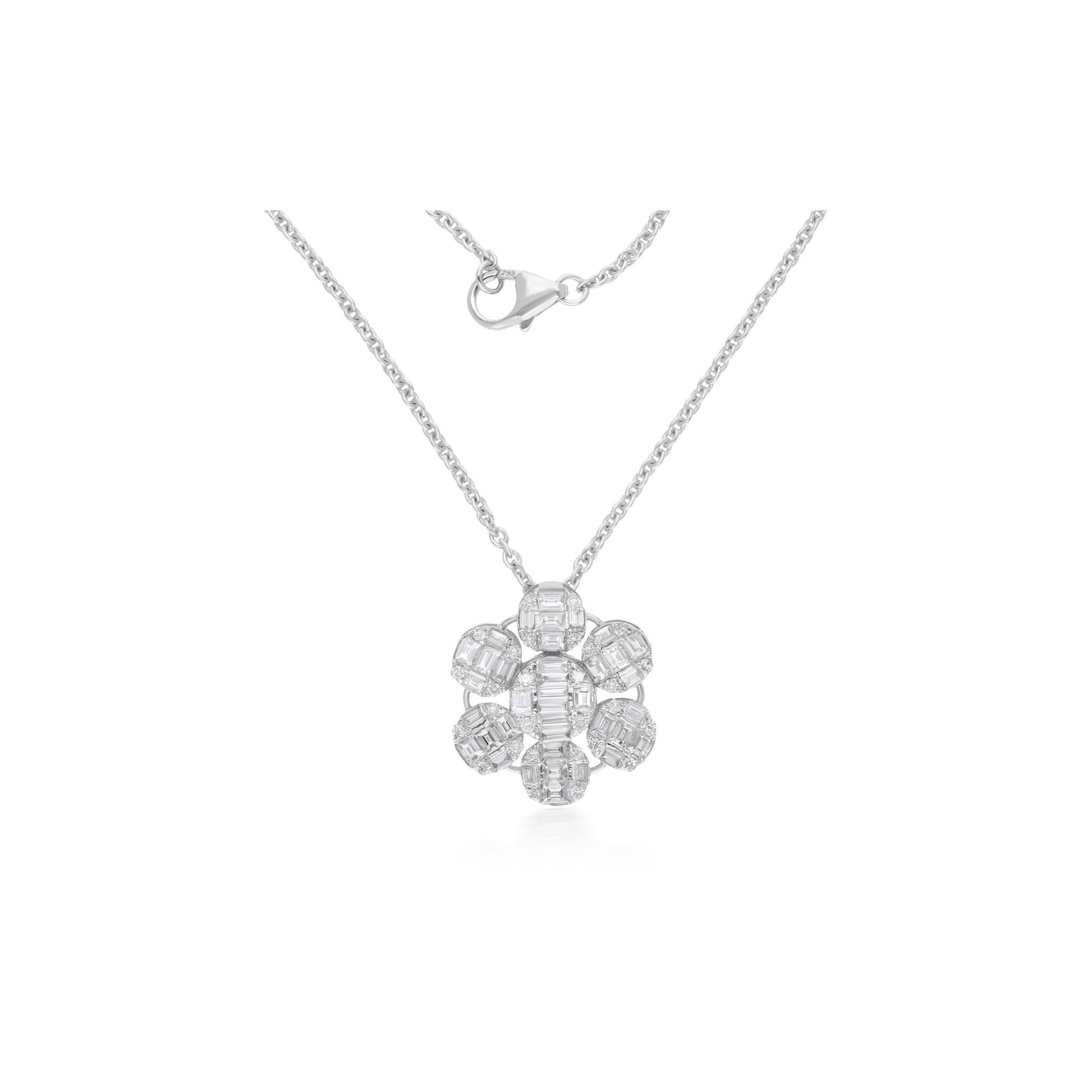 Baguette Diamond 1.10 Ct SI/H Flower Pendant Chain Necklace