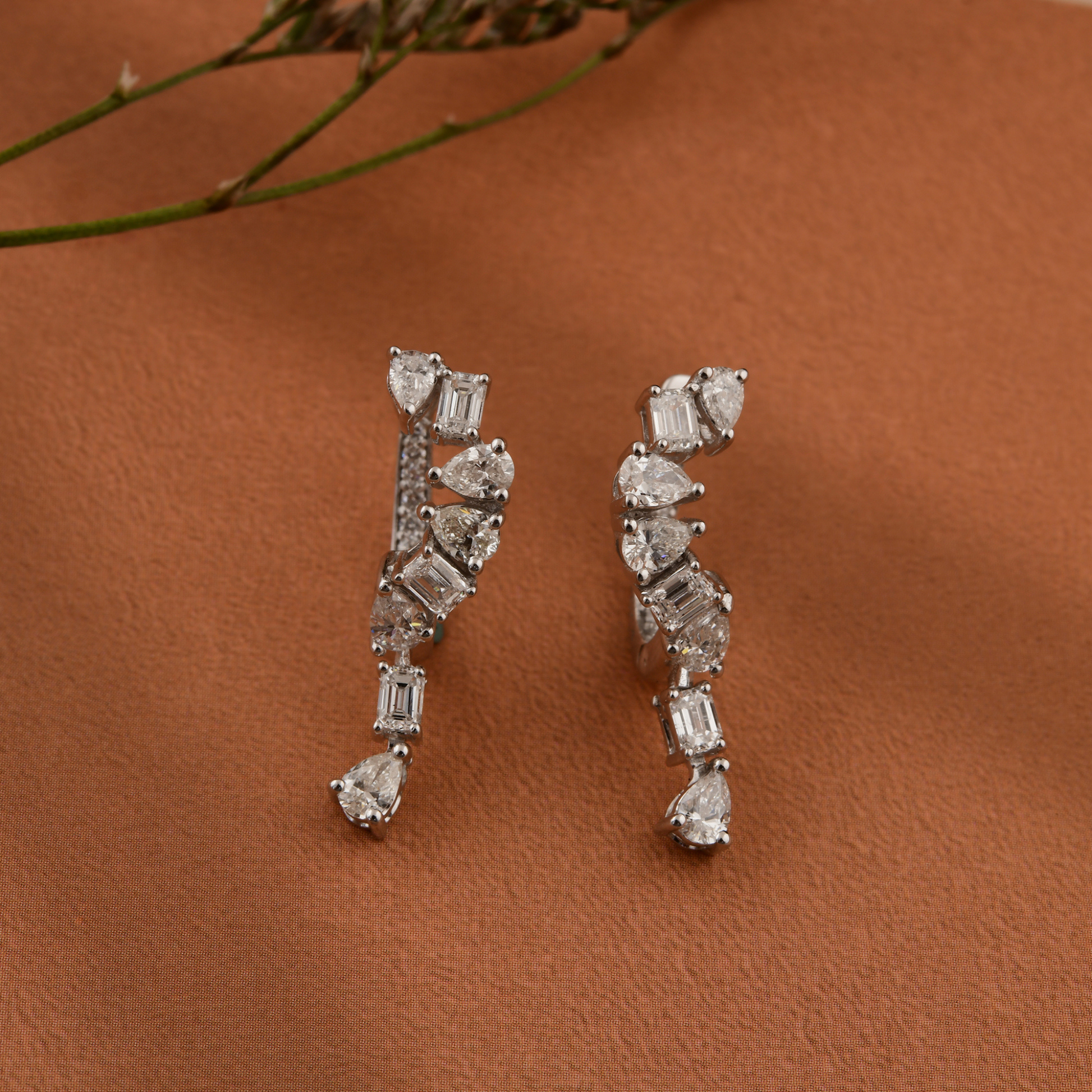 18k Gold Art Deco Inspired Multi-Cut Diamond Drops Arc Earrings