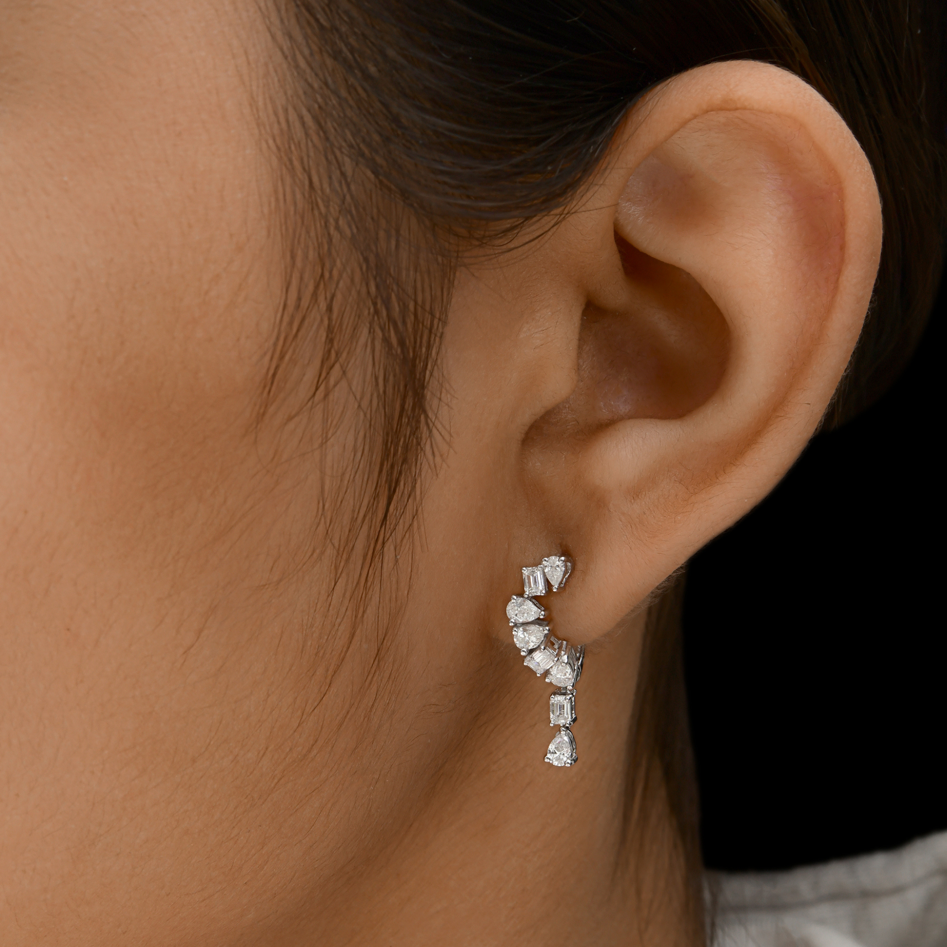 18k Gold Art Deco Inspired Multi-Cut Diamond Drops Arc Earrings