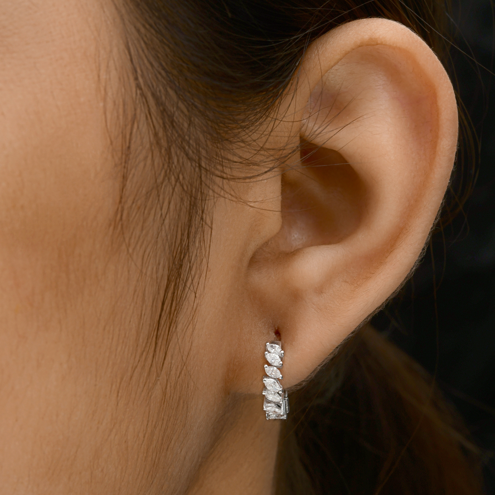 Dainty Fine Gold Marquise Cut Prong Set SI/HI Diamond Huggies Hoop Earrings