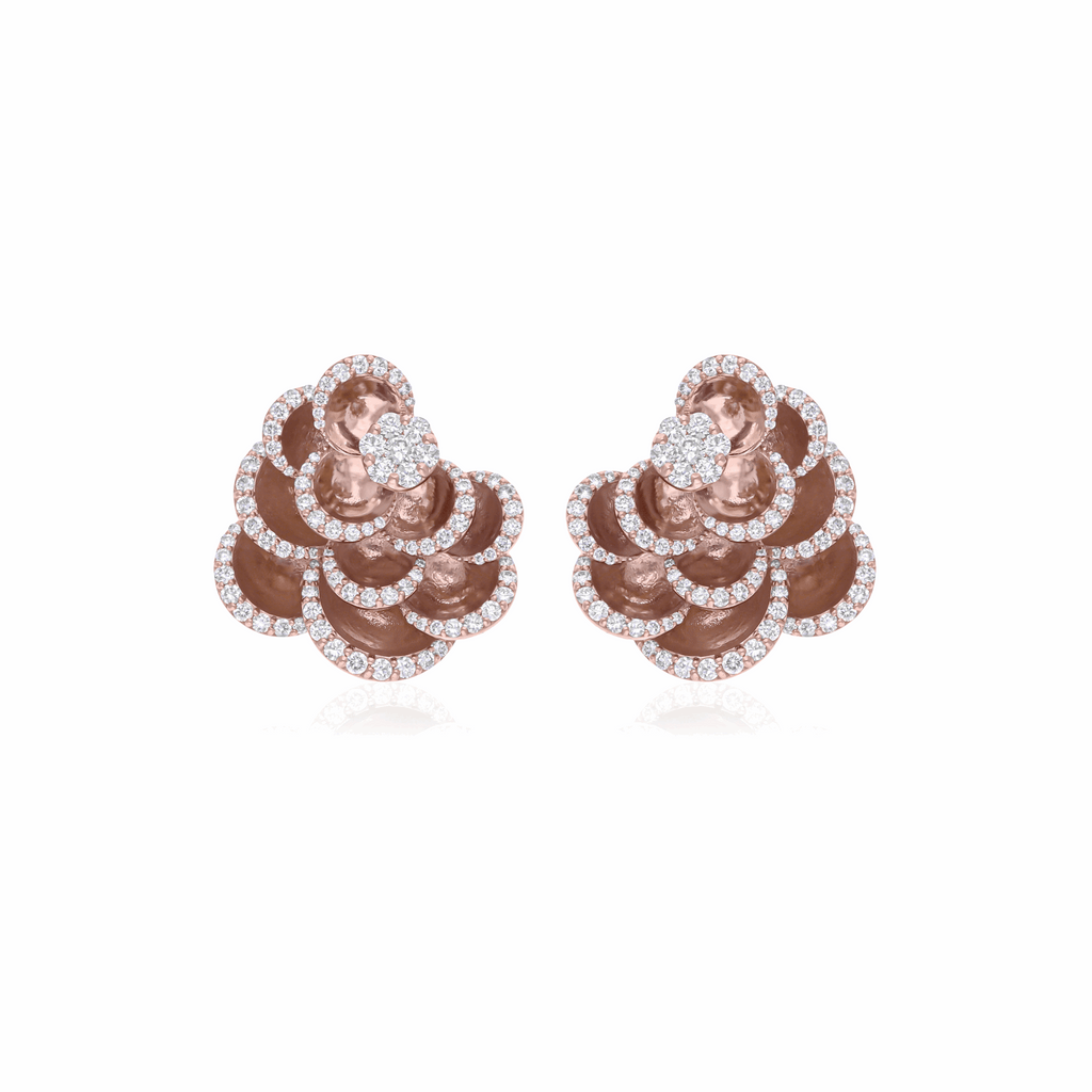 2.10 Ct Natural H/SI Round Pave Diamond Layered Flower Earrings Solid 18K Gold