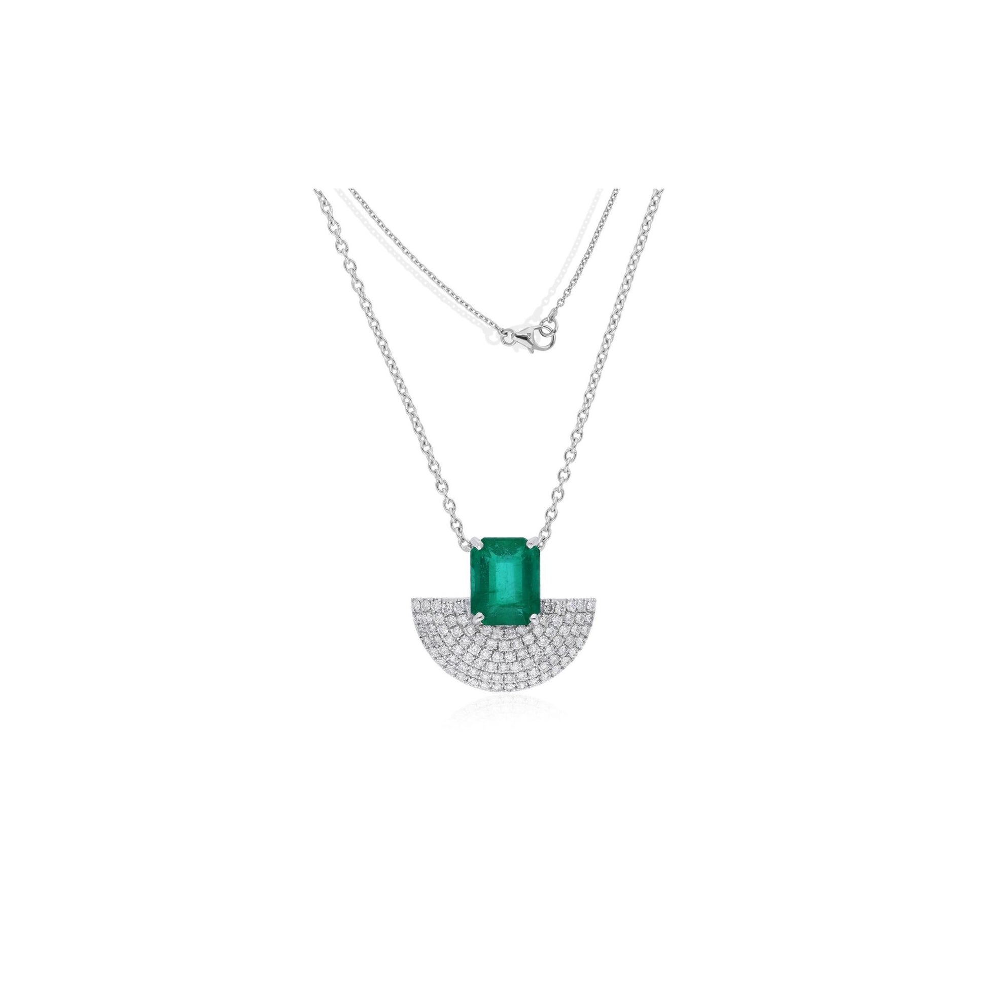 3.32 Tcw Zambian Emerald Gemstone Fine Gold Pave Diamond Pendant Necklace