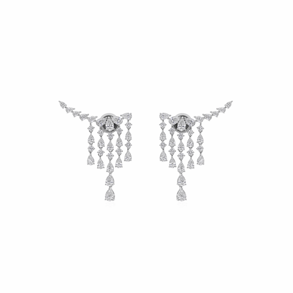 Natural Pear & Round Cut 3.95 Ct. Diamond Climber Earrings in 18K Gold