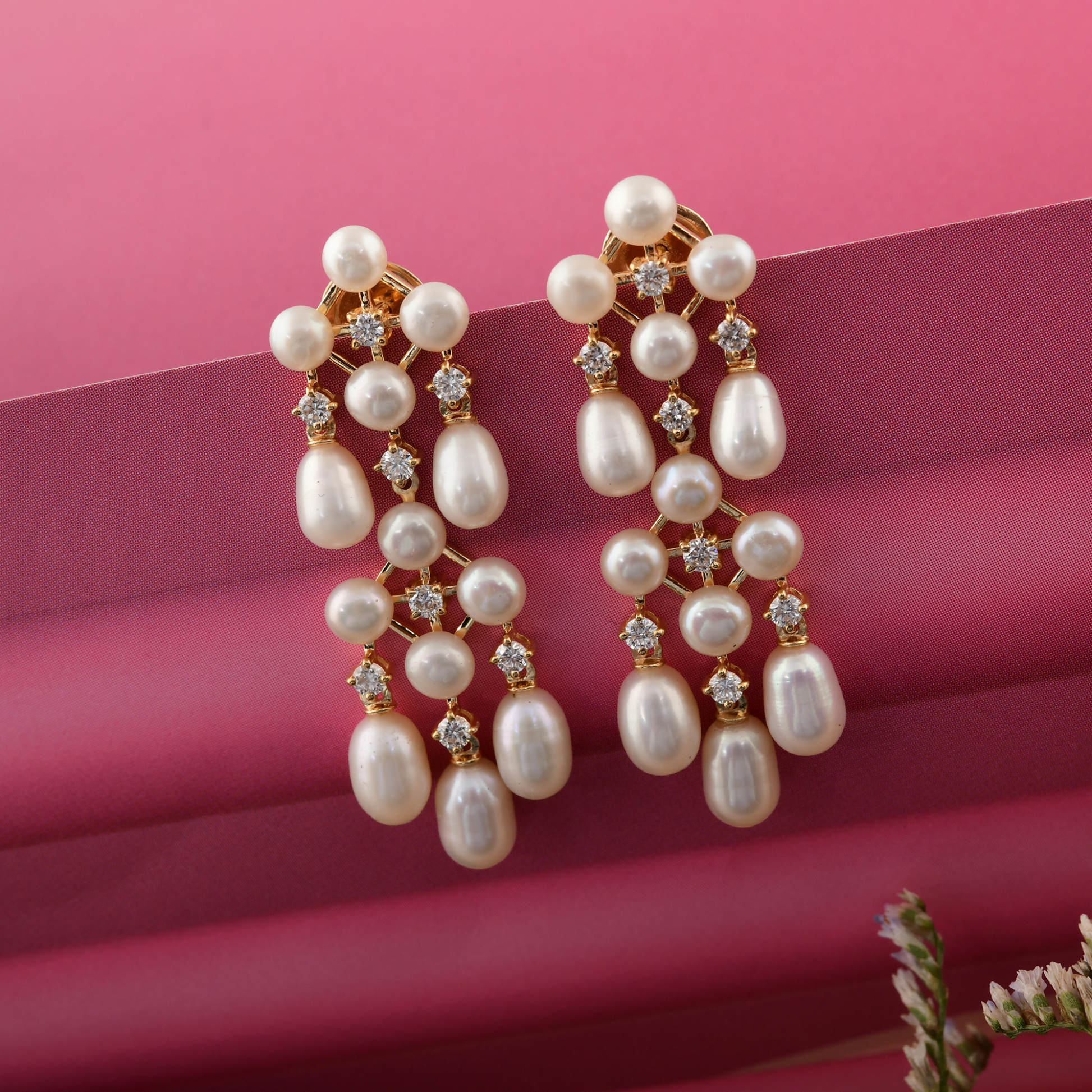 18.41 TCW Round Diamond Pearl Gemstone Dangle Earrings