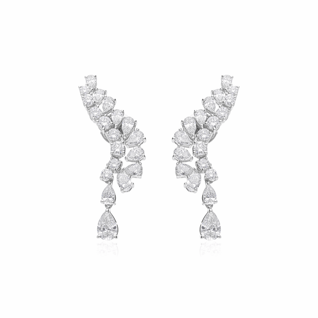 3.49 Ct SI/H Round and Pear Natural Diamond Climber Earrings 18K Solid Gold