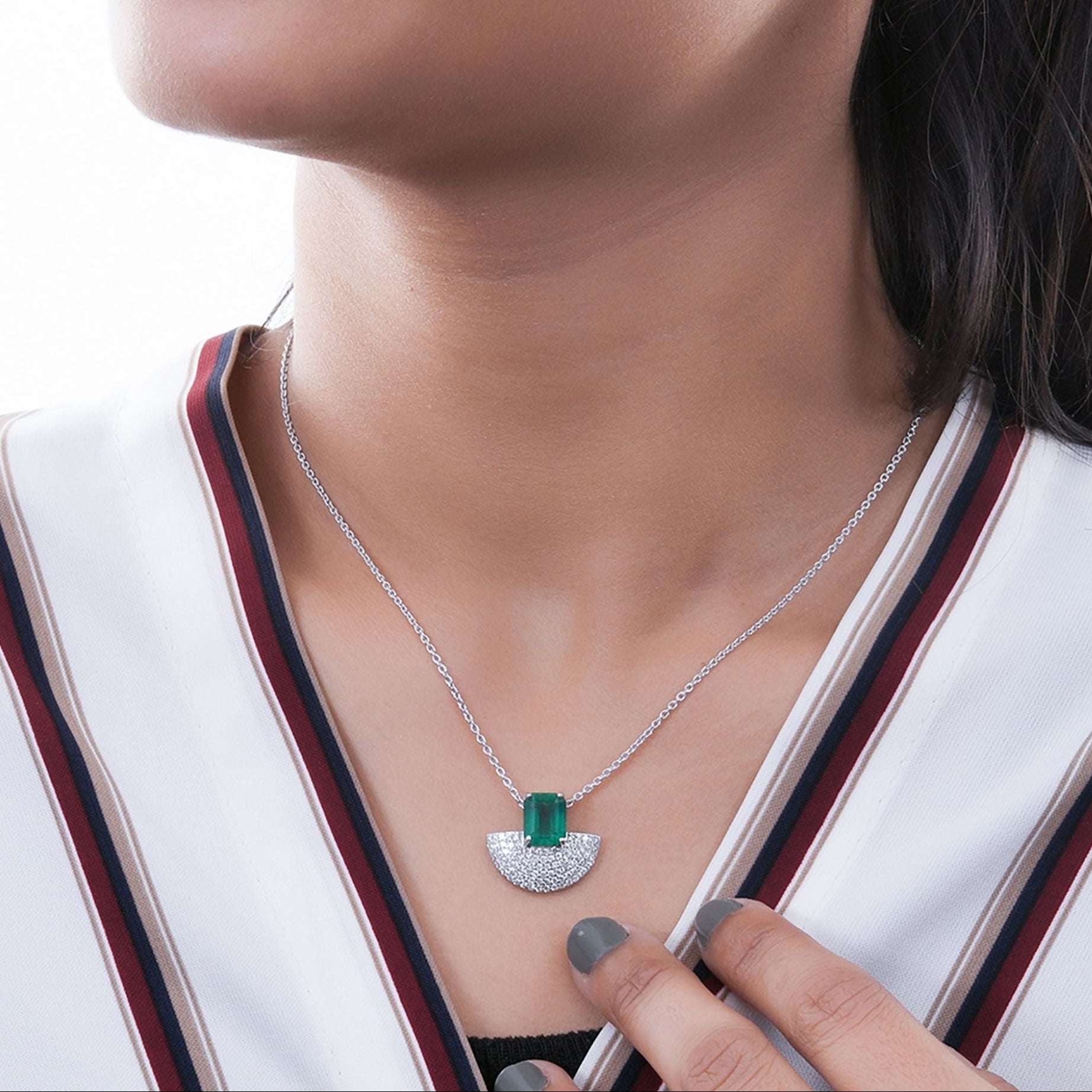 Zambian Emerald Gemstone Fine Gold Pave Diamond Pendant Necklace
