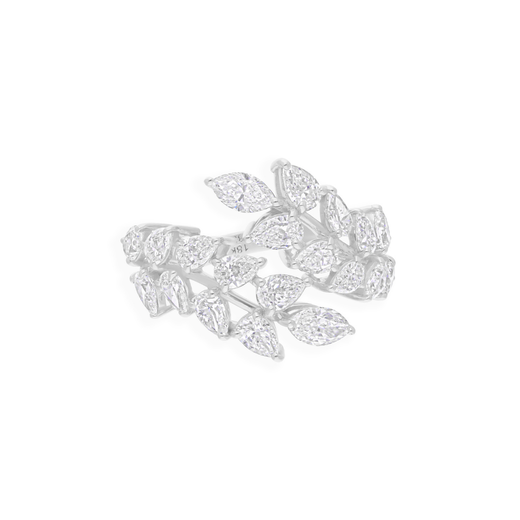 2.70 Carat Natural SI/HI Pear Marquise Diamond Cuff Leaf Ring in Fine Gold