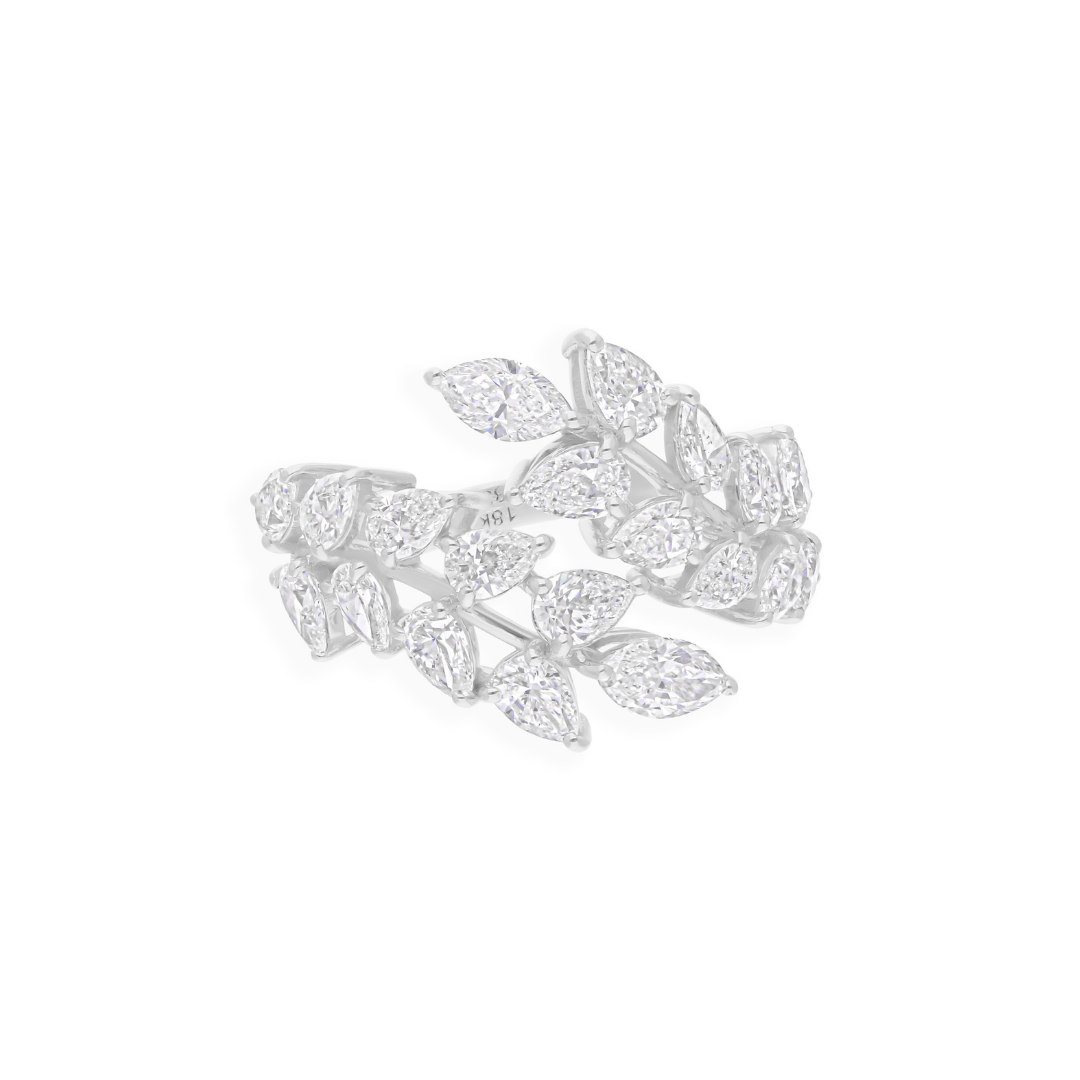 2.70 Carat Natural SI/HI Pear Marquise Diamond Cuff Leaf Ring in Fine Gold