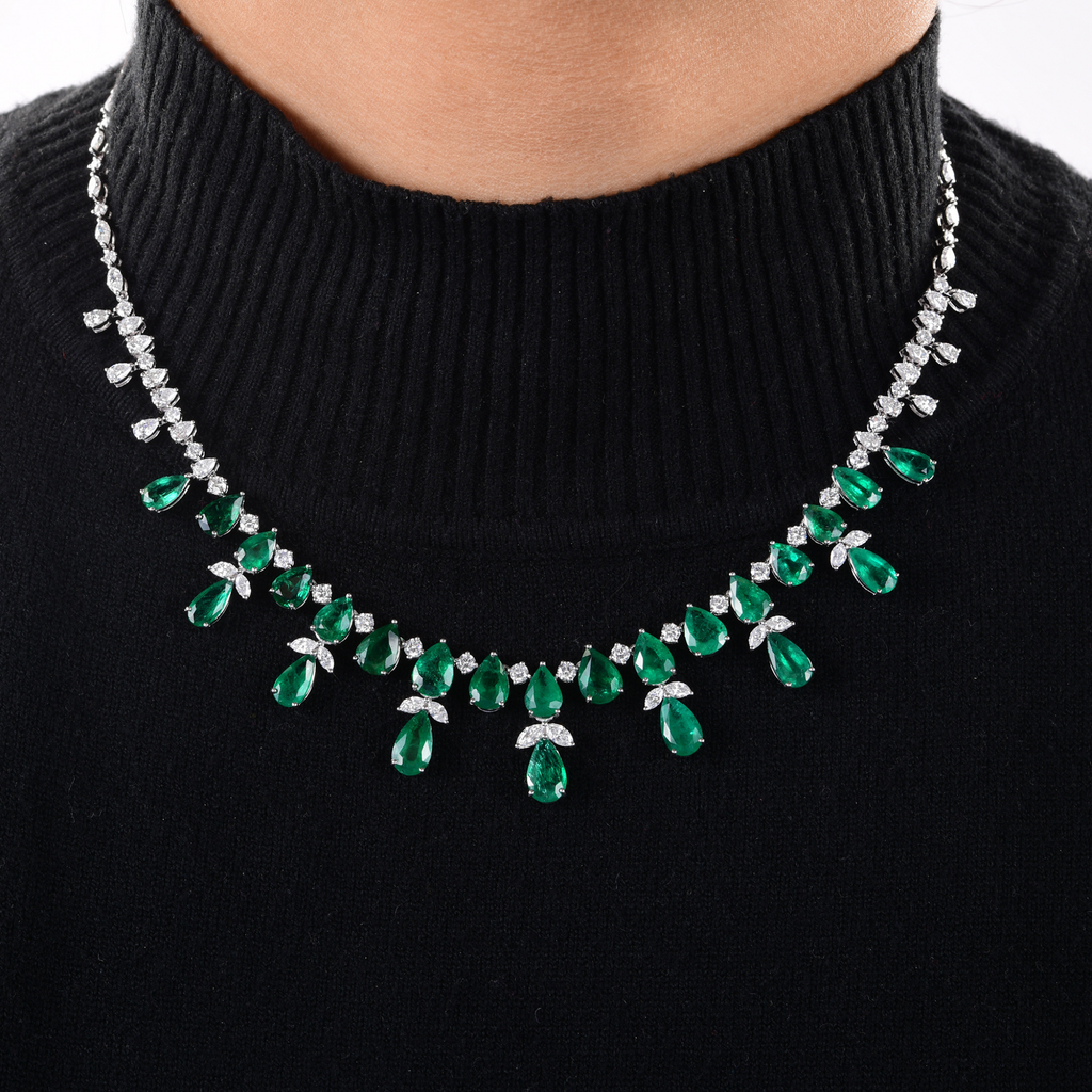 Pear Cut Natural Zambian Emerald Diamond 23.57 Tcw Gold Wedding Necklace