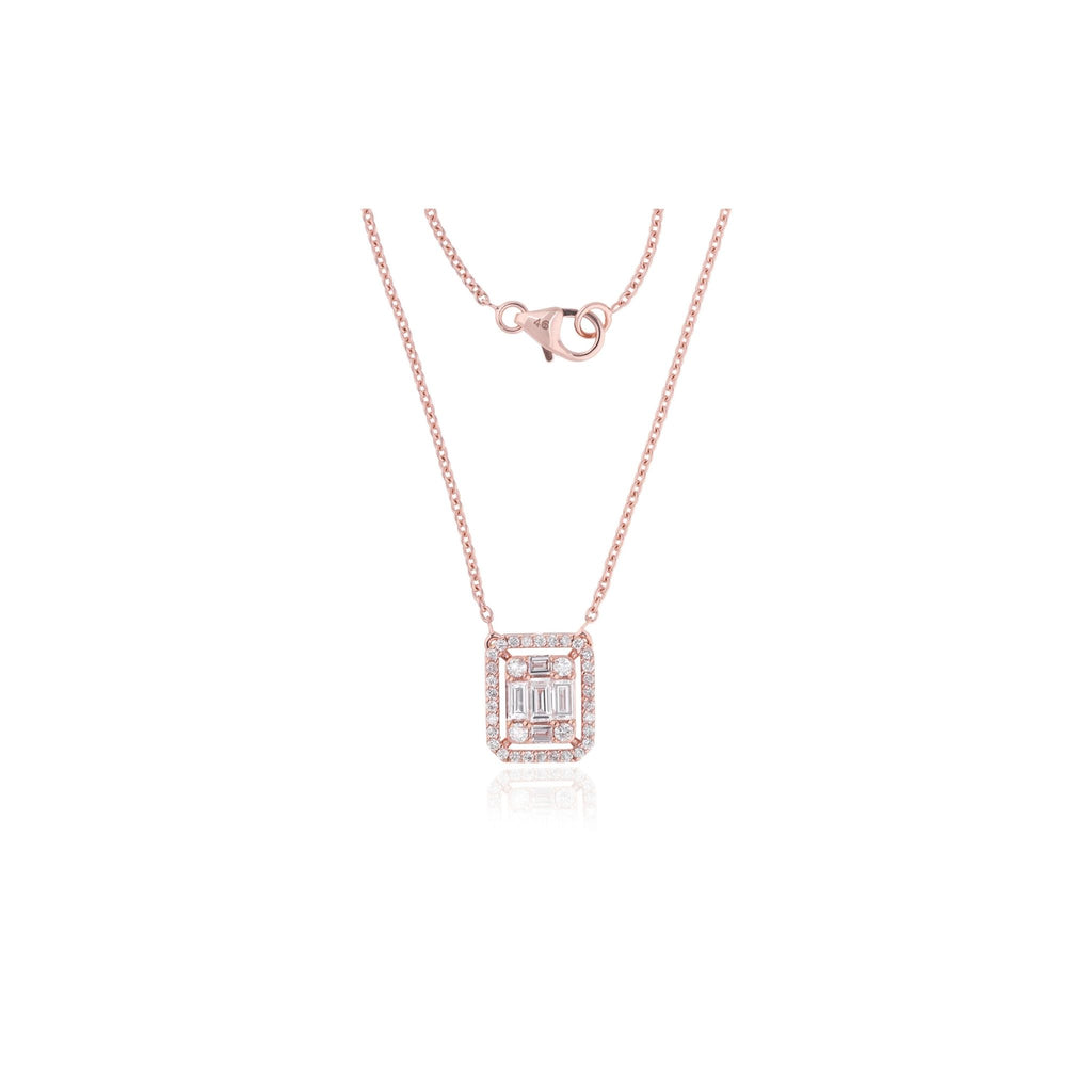 Minimalist Baguette and Round Diamond Halo Gold Pendant Necklace