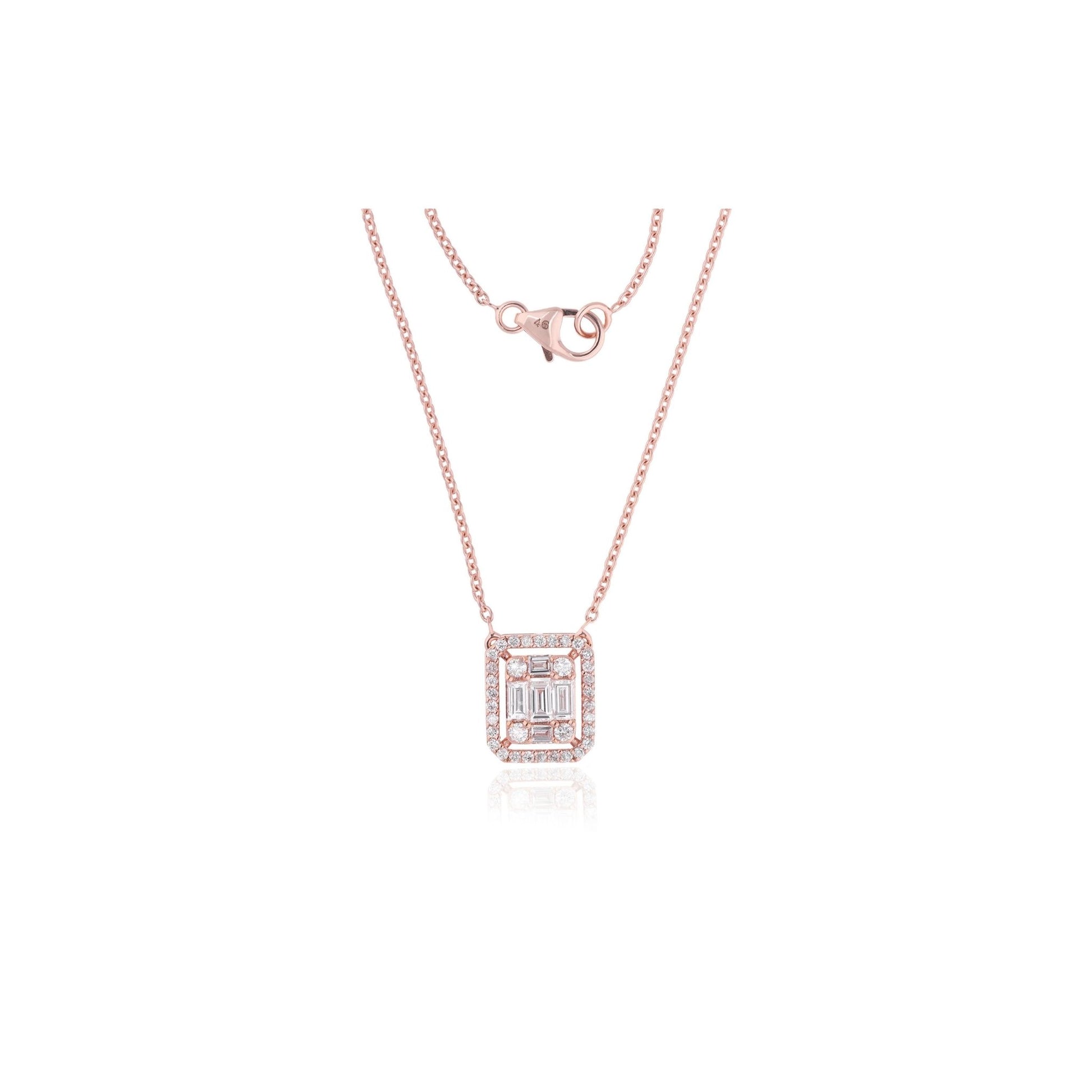 Minimalist Baguette and Round Diamond Halo Gold Pendant Necklace