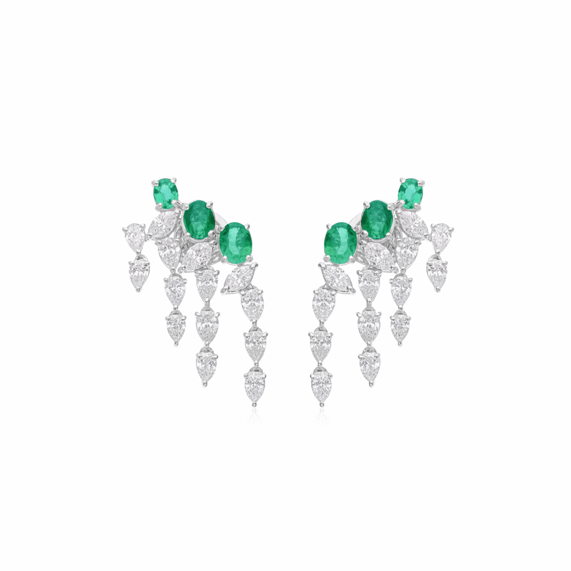18K Gold Ear Climber Earrings with Pear Diamonds & Oval Emeralds 3.82 Tcw