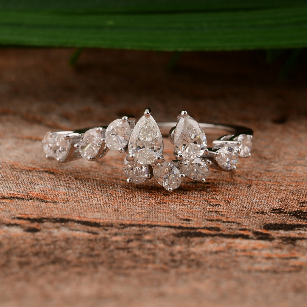 Natural Pear Oval Cut SI Clarity HI Color Diamond Gold Ring
