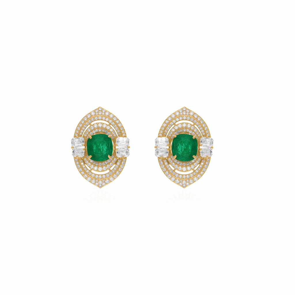 Cushion Cut Emerald Natural Diamond Gold Stud Earrings