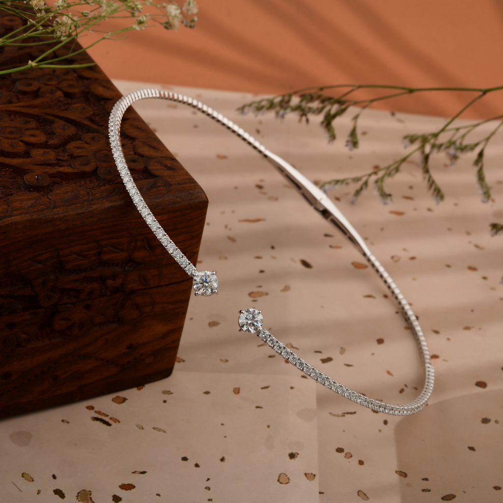 Round Cut Diamond Open Cuff Choker Necklace in Gold Modern Bridal Jewelry