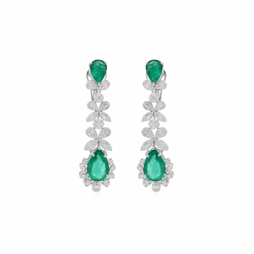 10.45 Tcw Floral Motif Diamond & Emerald Dangle Earrings in 18K Gold