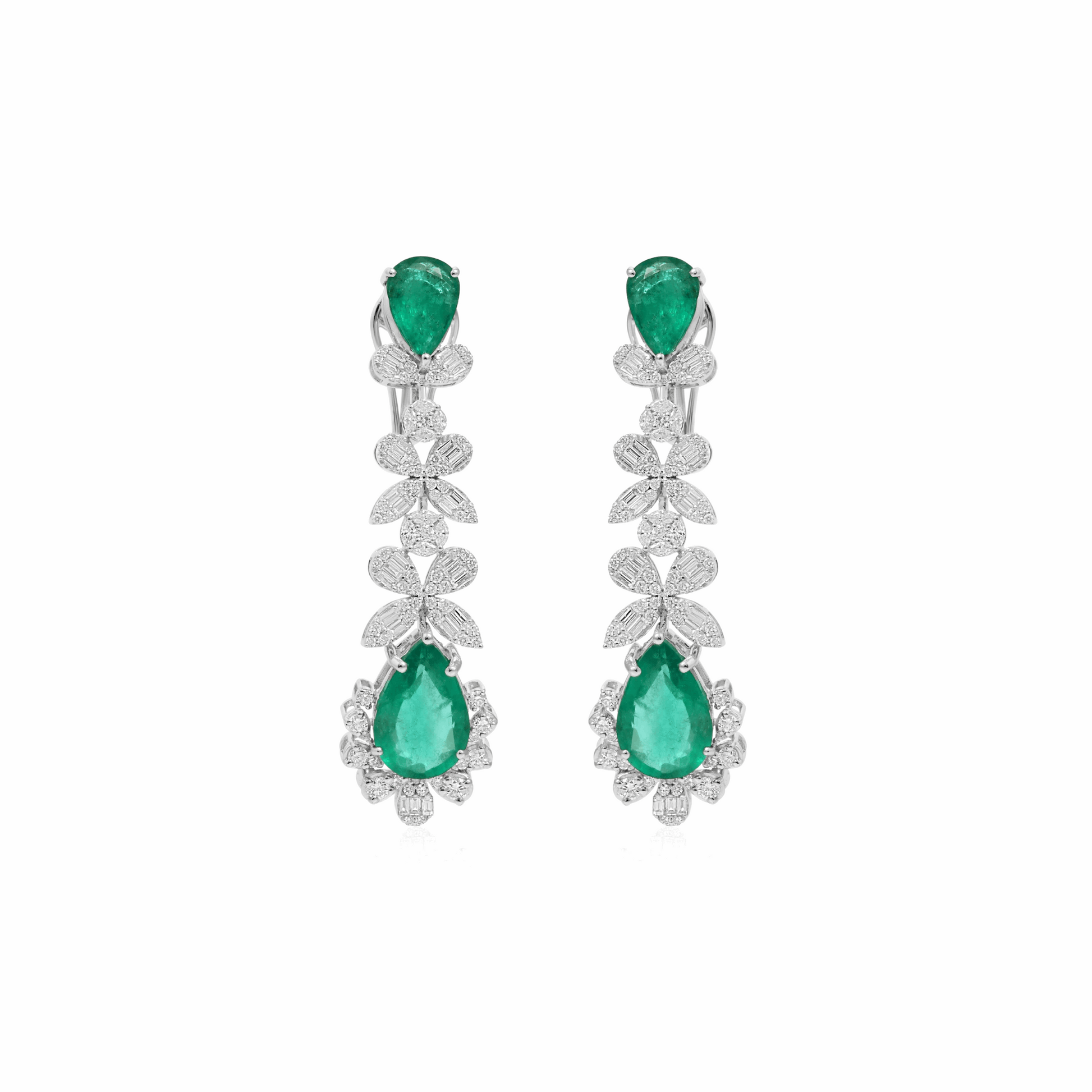10.45 Tcw Floral Motif Diamond & Emerald Dangle Earrings in 18K Gold